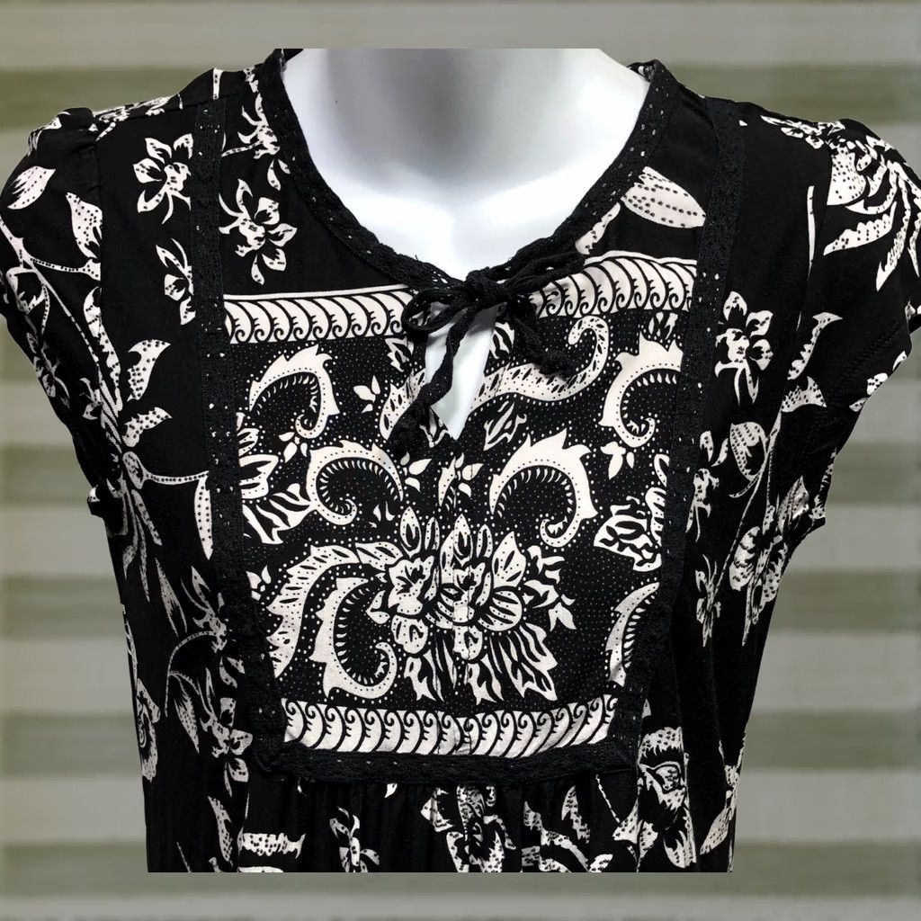 Vintage Mark Floral Short Sleeve Mini Dress S Black White Boho Cottage 90s Bohemian A-Line Womens Size S / US 4 / IT 40 - 1 Thumbnail
