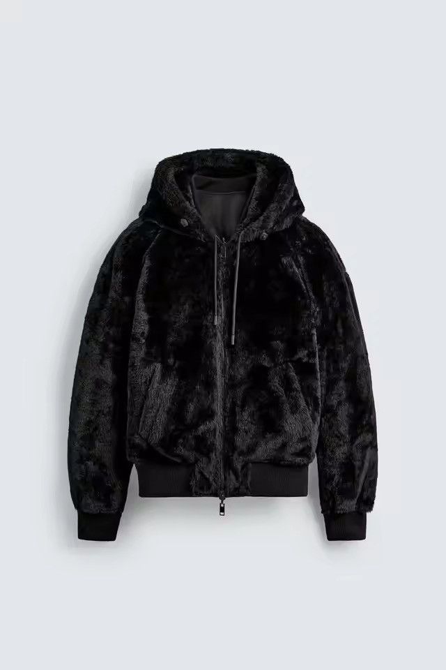 Leather Black Hooded Leather Bomber Jacket, Casual Zip-Up Outerwear Size US XL / EU 56 / 4 - 4 Thumbnail