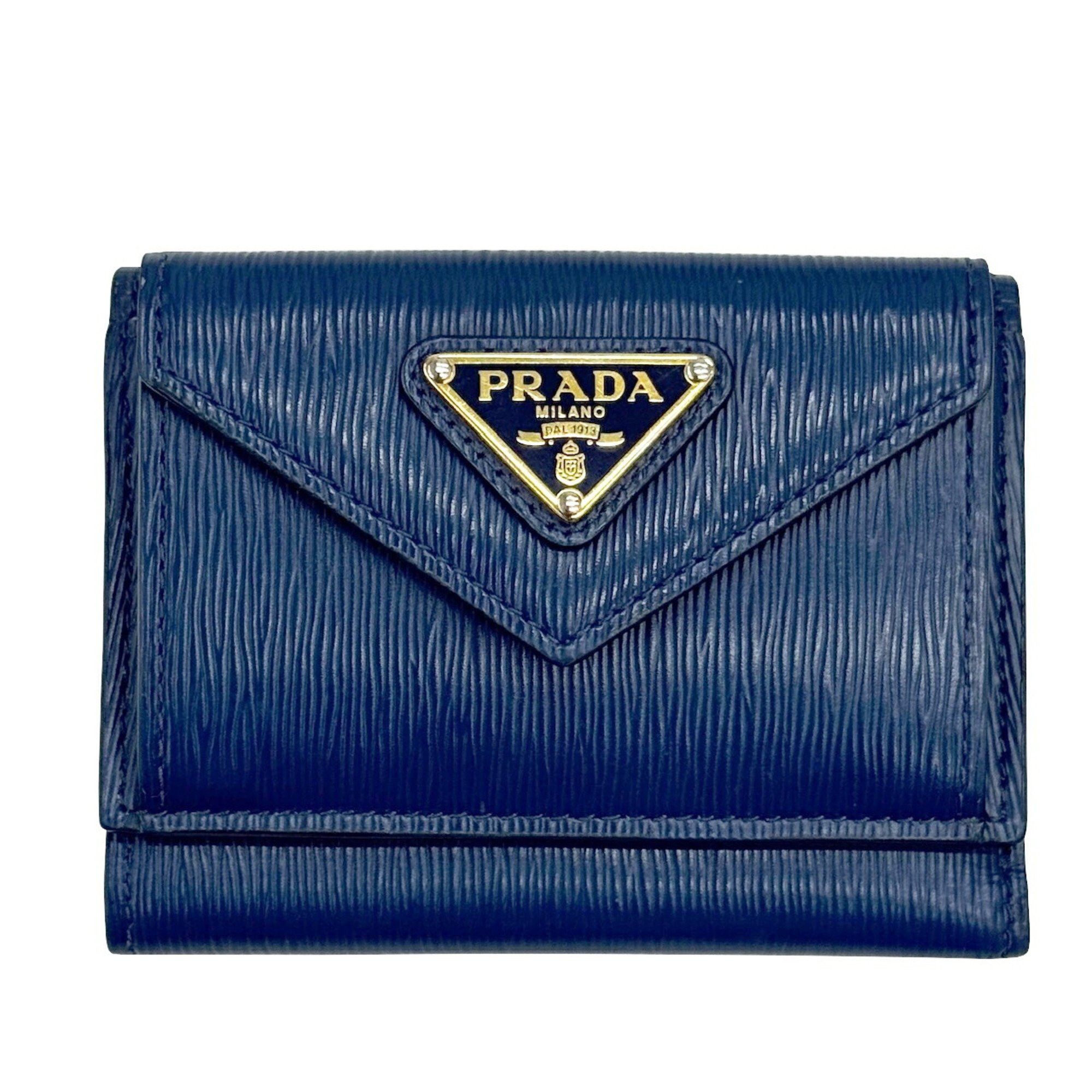 PRADA Vitello Compact Wallet 1MH021 Blue Tri-fold for Men and Women