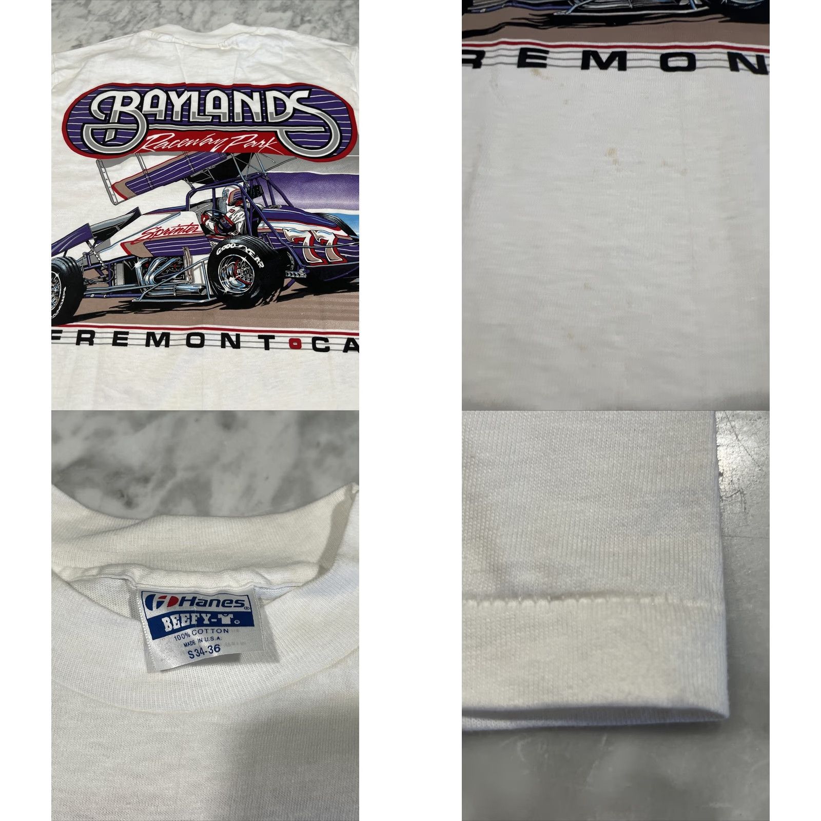 Hanes VINTAGE 80s Baylands Racing Park Fremont T Shirt Men’s Small Short Sleeve White Cotton Blend Hanes Men Rockabilly Single Stitch Dbl Size US S / EU 44-46 / 1 - 8 Thumbnail