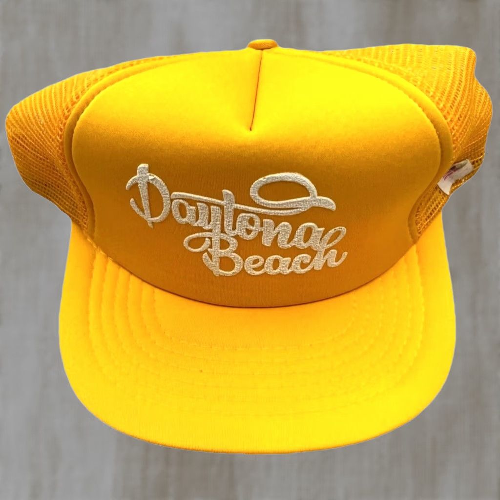 Vintage VINTAGE Daytona Beach Florida Trucker Hat Cap Snapback Yellow Puffy Print 90s Mens Size ONE SIZE - 1 Thumbnail