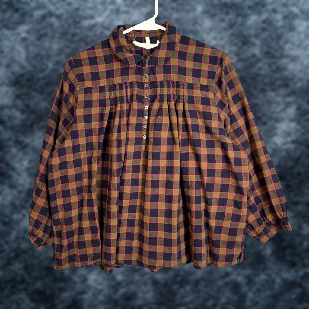 The Great Navy & Green Plaid Button-Front Top Cotton Blend Womens Blouse Size 1 Adult Womens 1 Casual Shirt Women