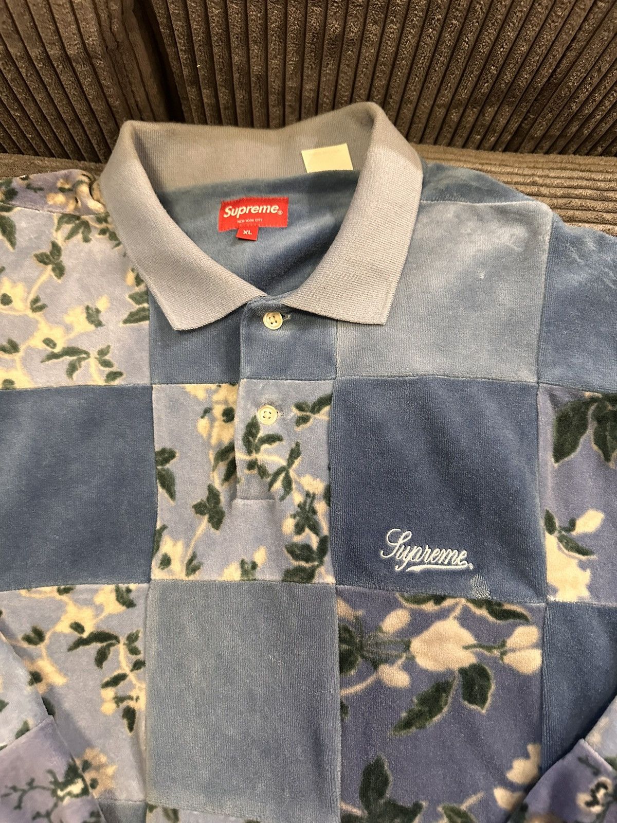 image of Supreme Floral Patchwork Velour L/s Polo in Blue, Men's (Size XL)