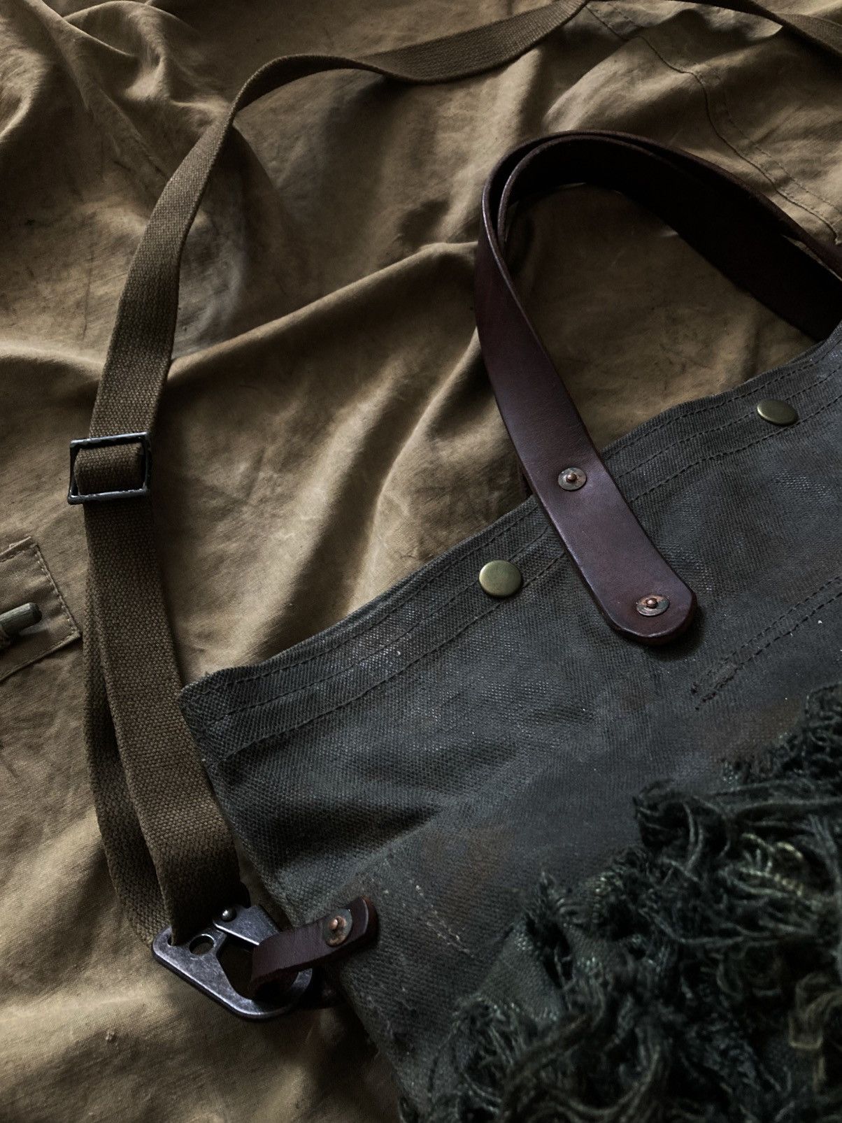 Handmade Reworked Waxed Heavy Canvas Crossbody Tote Bag Vintage Army Size ONE SIZE - 6 Thumbnail