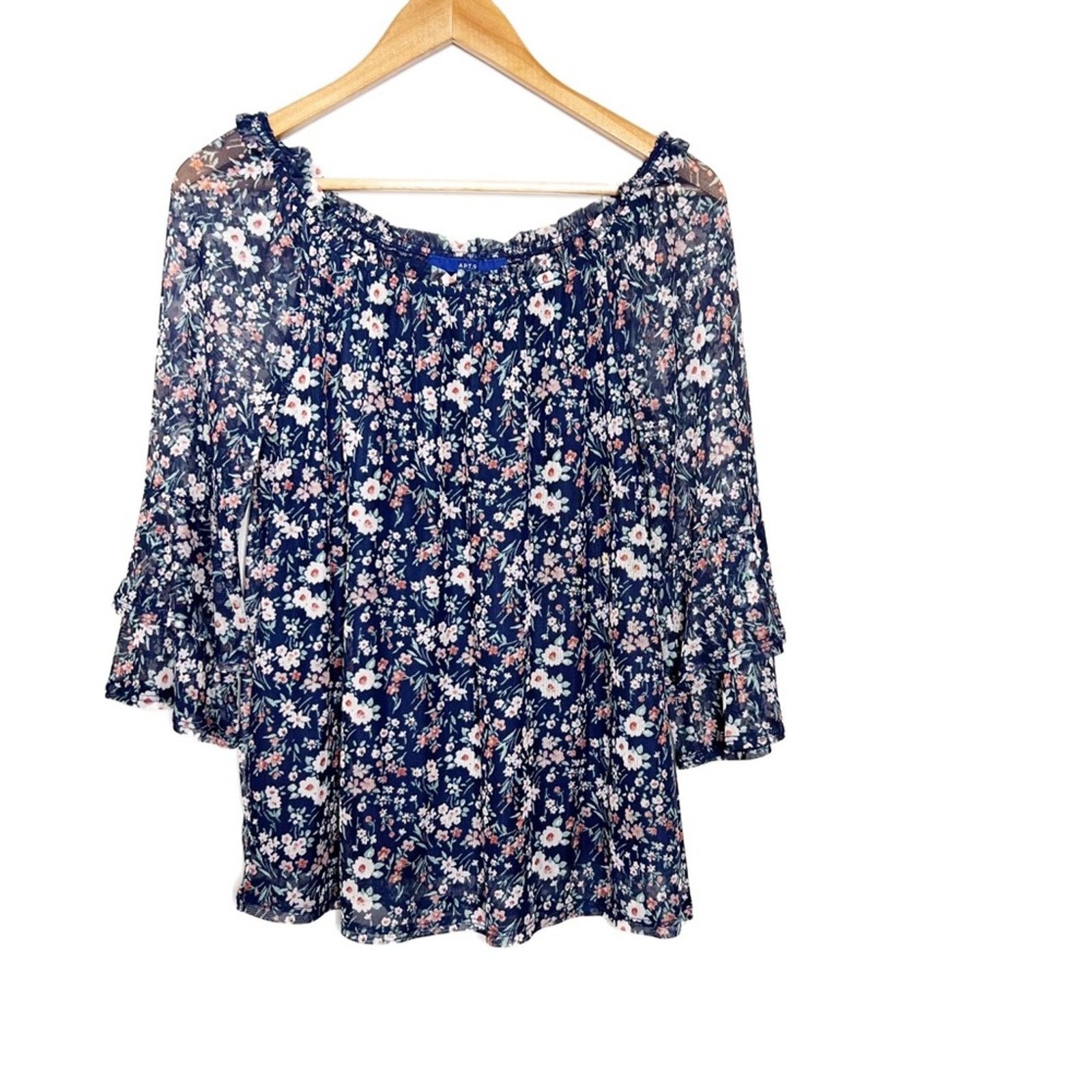 Apt. 9 APT.9 Women’s Floral Mesh Navy Blue Bohemian Blouse Top Size S / US 4 / IT 40 - 3 Thumbnail