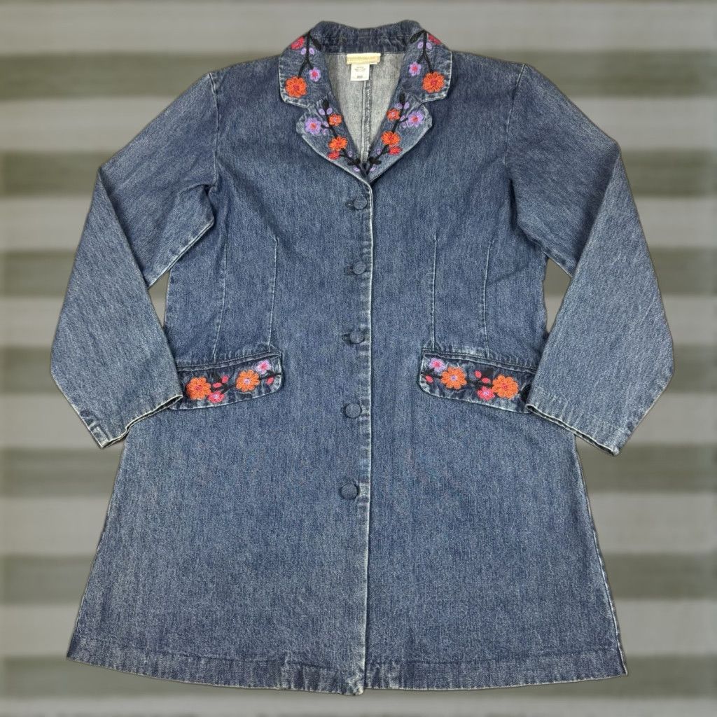 VINTAGE Coldwater Creek Denim Blazer Jacket Women Size 10 Floral