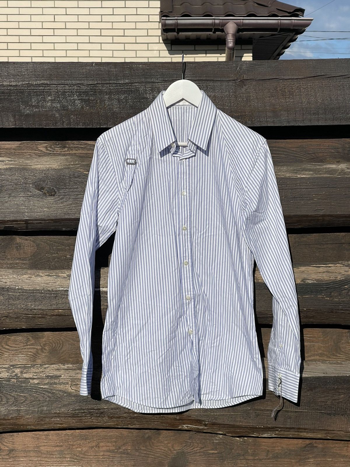 image of NWT 2011 Alexander Mcqueen Belt Striped Blue Shirt, Men's (Size Medium)