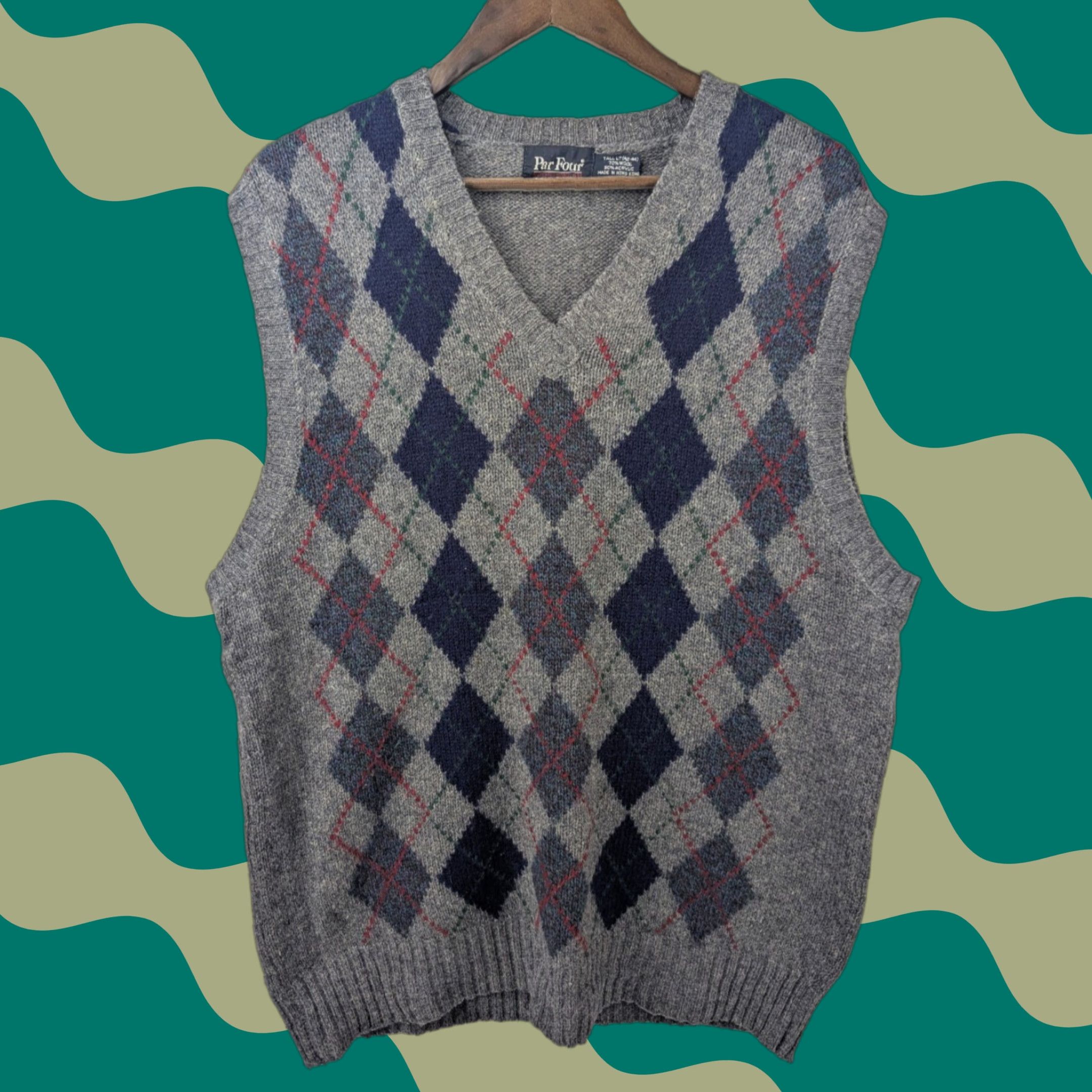 Vintage VINTAGE Par Four Sweater Vest Mens LT Gray Navy Argyle Wool Blend Golf Knit 90s Size US L / EU 52-54 / 3 - 1 Thumbnail