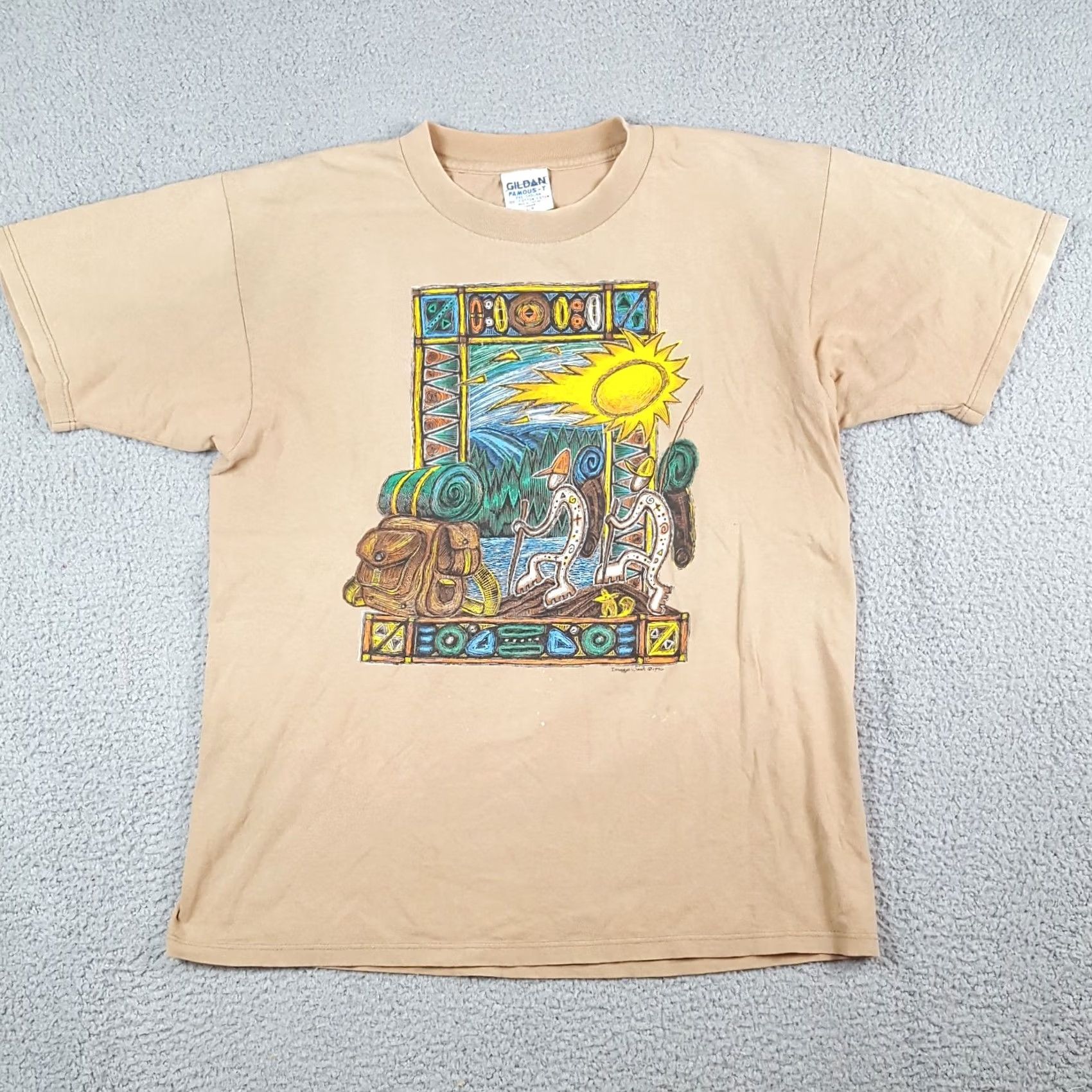 Gildan Vintage Gildan T-Shirt Men's 90s Outdoor Hiking Backpacking Art Size L Beige Cotton Short Sleeve Crew Neck Retro Camping Nature Size US L / EU 52-54 / 3 - 2 Thumbnail