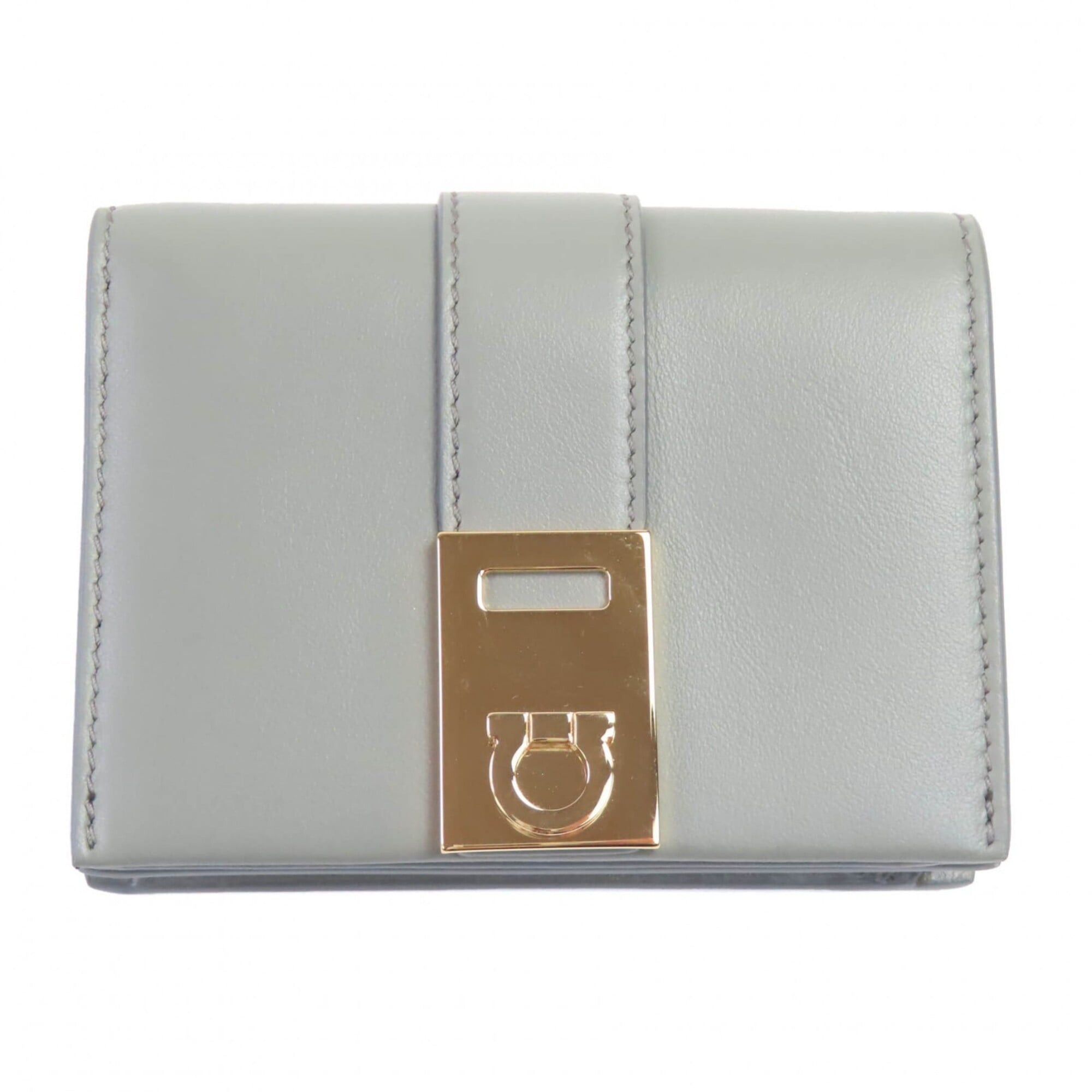 Salvatore Ferragamo Salvatore Ferragamo FERRAGAMO 0775288 Leather Compact Bi-fold Wallet with Gancini Hardware, Ash Gray, Gold Comes Box, Made in Italy, Women's Size ONE SIZE - 1 Thumbnail