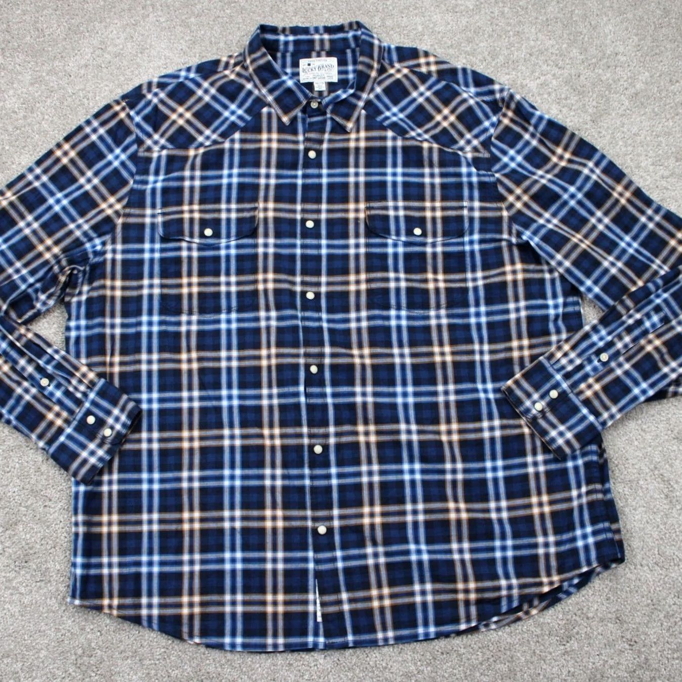Lucky Brand Lucky Brand Pearl Snap Shirt Men 2XL Plaid Long Sleeve Blue Yellow Cotton Stretch Western Cowboy Vintage No Size US XXL / EU 58 / 5 - 2 Thumbnail