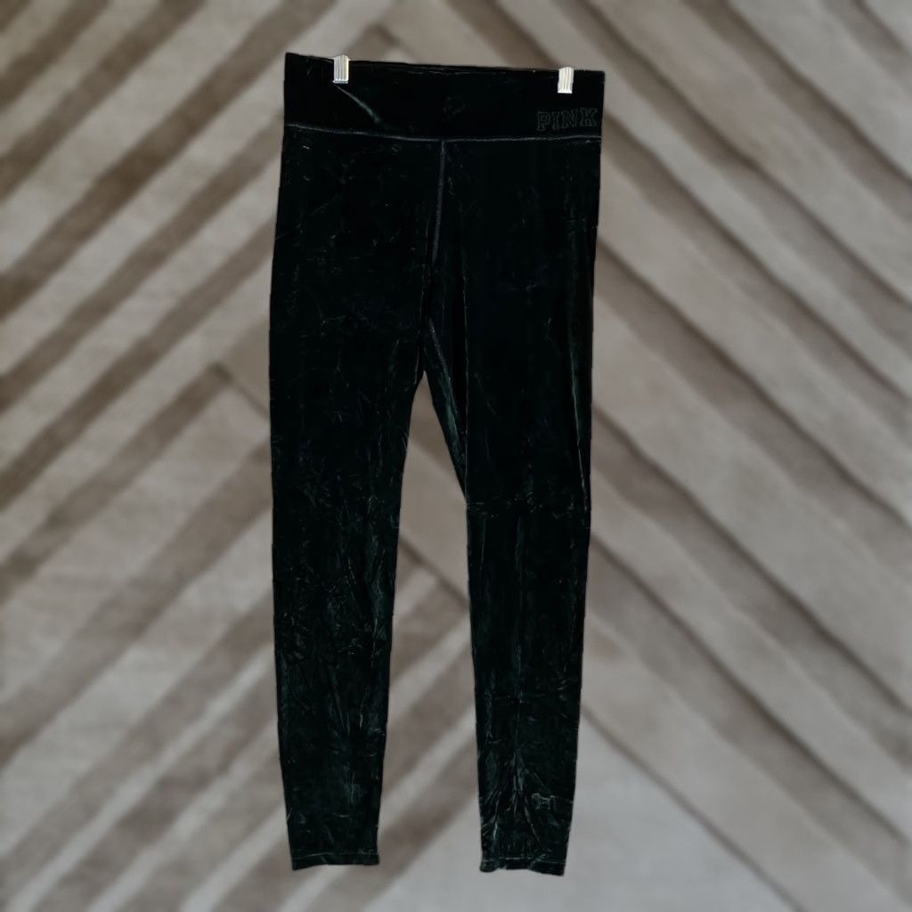 Vintage Victoria Secret PINK Pants Womens Large Green Velvet Leggings Stretch Pull On Size 29" - 1 Thumbnail