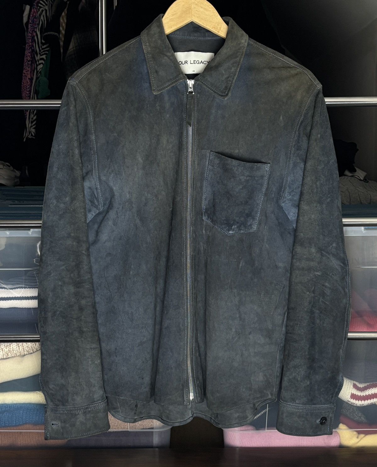 Our Legacy Genuine Leather Blue Denim Suede Zip Shirt Jackrt