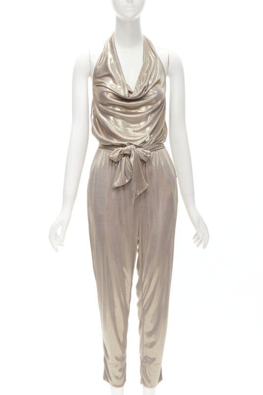 Diane von Furstenberg DIANE VON FUSTENBERG Carolette liquid metal gold halter backless jumpsuit S Size 26" / US 2 / IT 38 - 1 Thumbnail