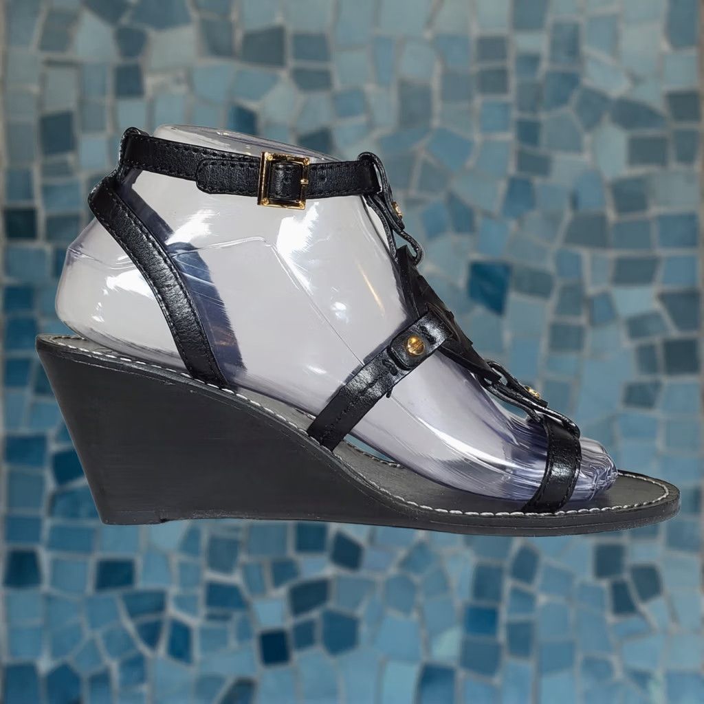 Tory Burch VINTAGE Tory Burch Miller Logo Ankle Strap Wedge Sandal Black Leather Women's US 7.5 M Size US 8 / IT 38 - 1 Thumbnail