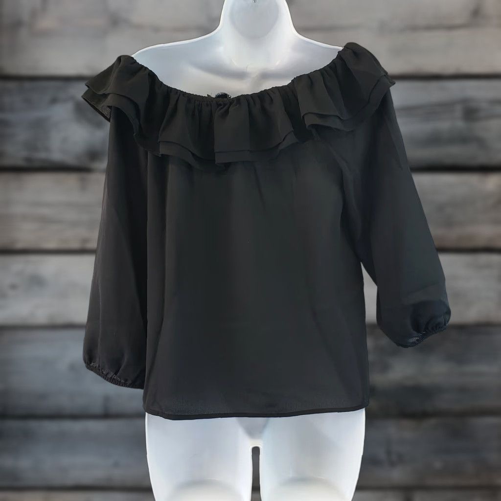 J.Crew VINTAGE? (no) J.CREW MERCANTILE WOMENS Blouse XS Solid Black Off Shoulder Ruffle 3/4 Sleeve Polyester Convertible Casual Womens Size XS / US 0-2 / IT 36-38 - 1 Thumbnail