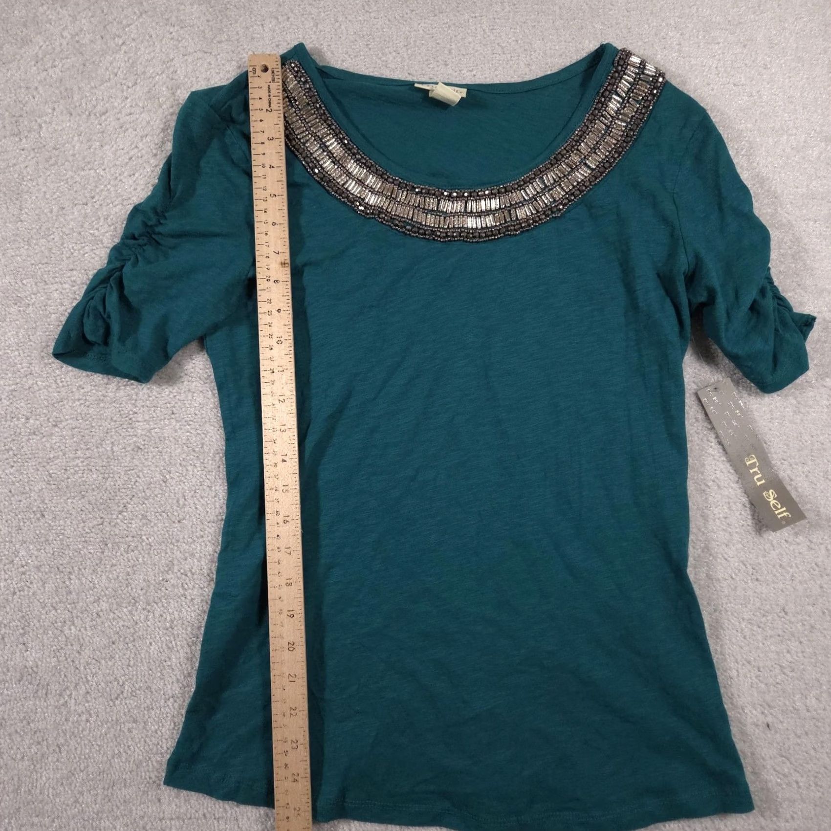 Altea Tru Self Shirt Womens Small Teal Blue Beaded Embellished Neck Short Sleeve Top Size S / US 4 / IT 40 - 7 Thumbnail