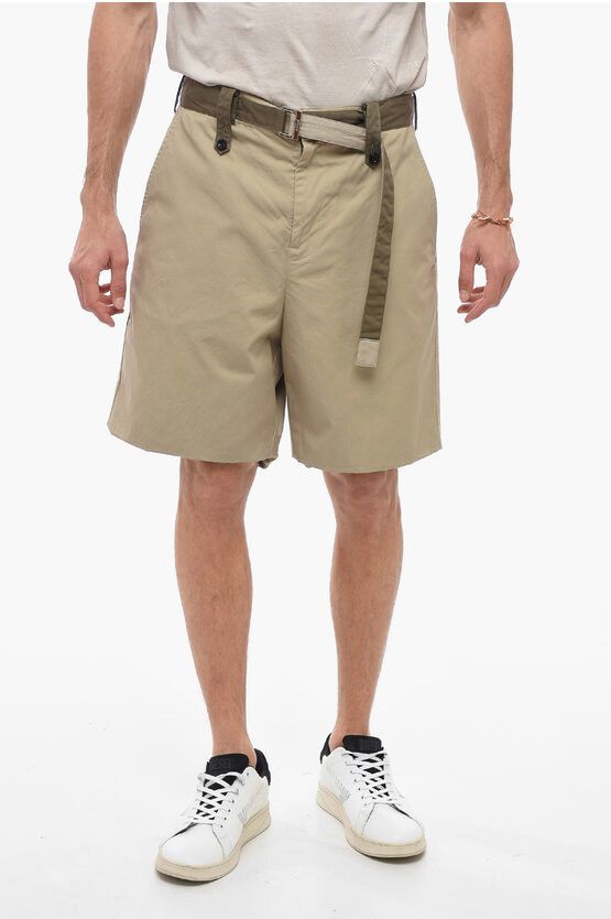 image of Sacai Cotton Lined Shorts With Belt in Military Green, Men's (Size 31)