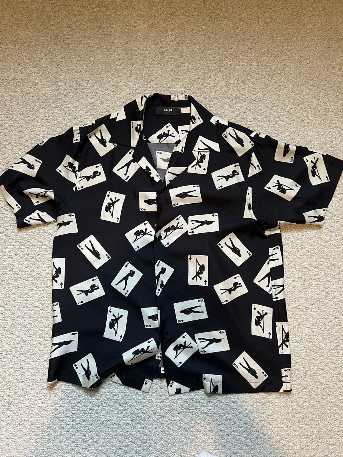 image of Amiri Playing Cards Silk Button Up Shirt in Black, Men's (Size Large)