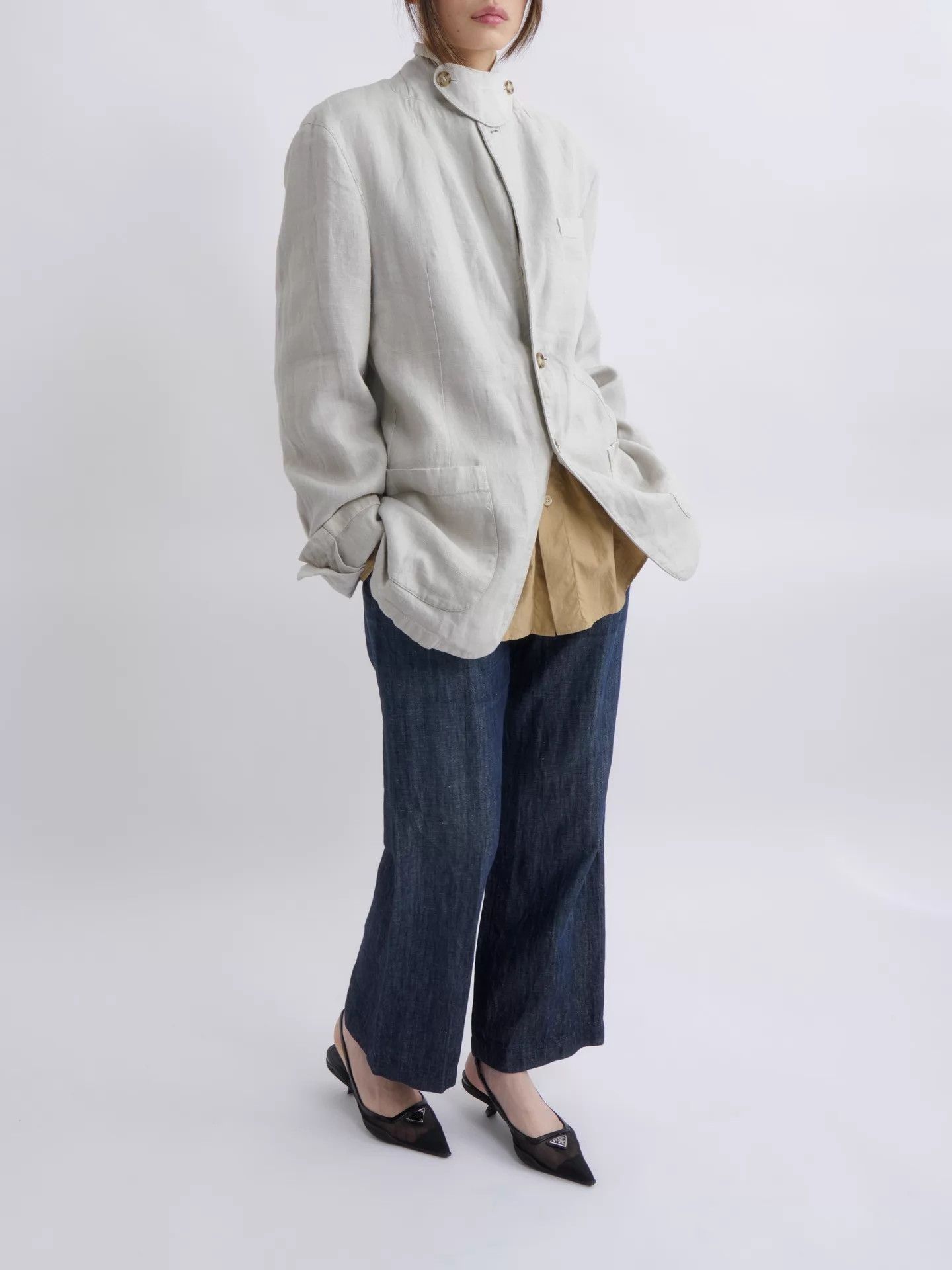Prada PRADA 2000s Rare Convertible Collar Linen Beige Blazer 46 Size 46R - 6 Thumbnail