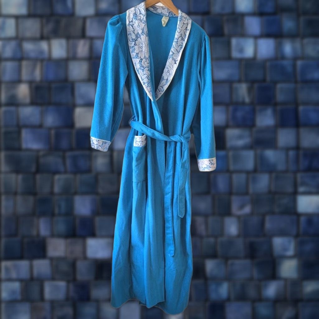 Vintage VINTAGE Guilford Mills Women's Loungewear Robe M Blue Belt Closure White Trim Long Size ONE SIZE - 1 Thumbnail