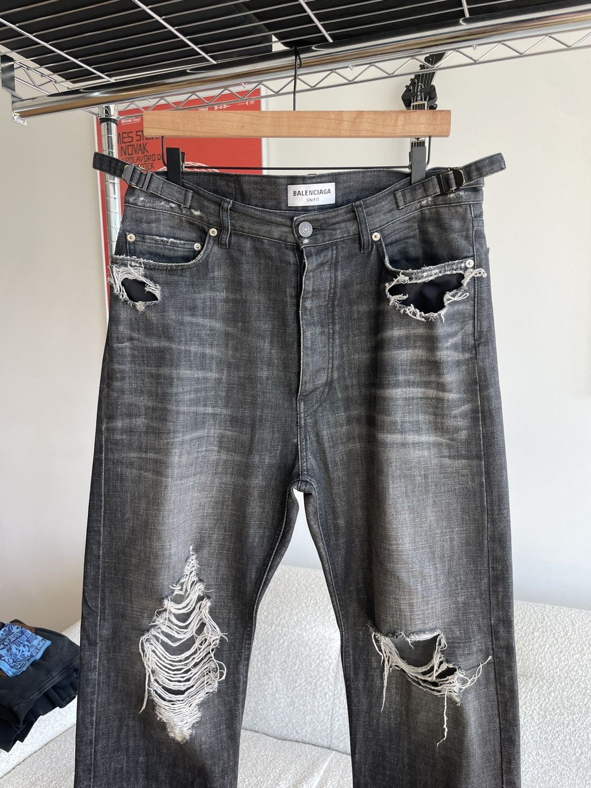 image of Balenciaga Relaxed Ripped Flowy Chinese Twill Denim Jeans in Grey, Men's (Size 30)