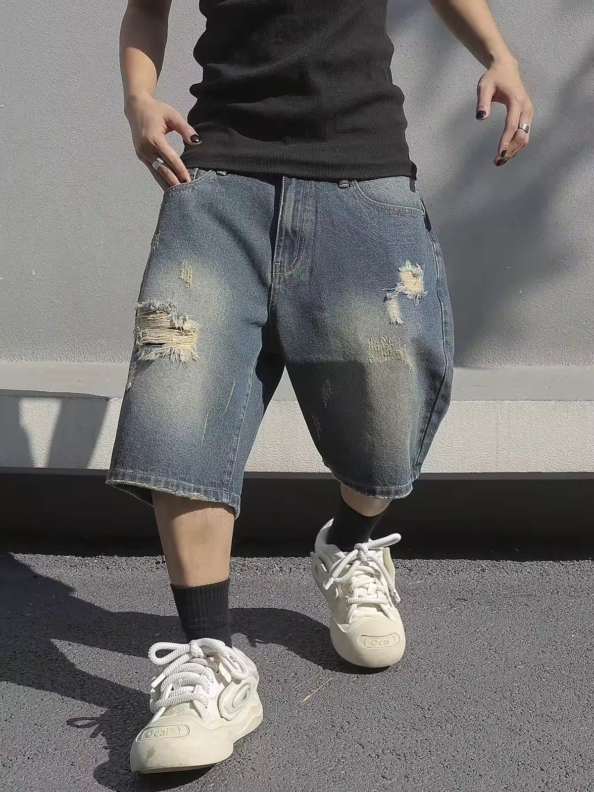 Jean Ripped Baggy Stretchy Denim Shorts Size US 35 - 2 Thumbnail