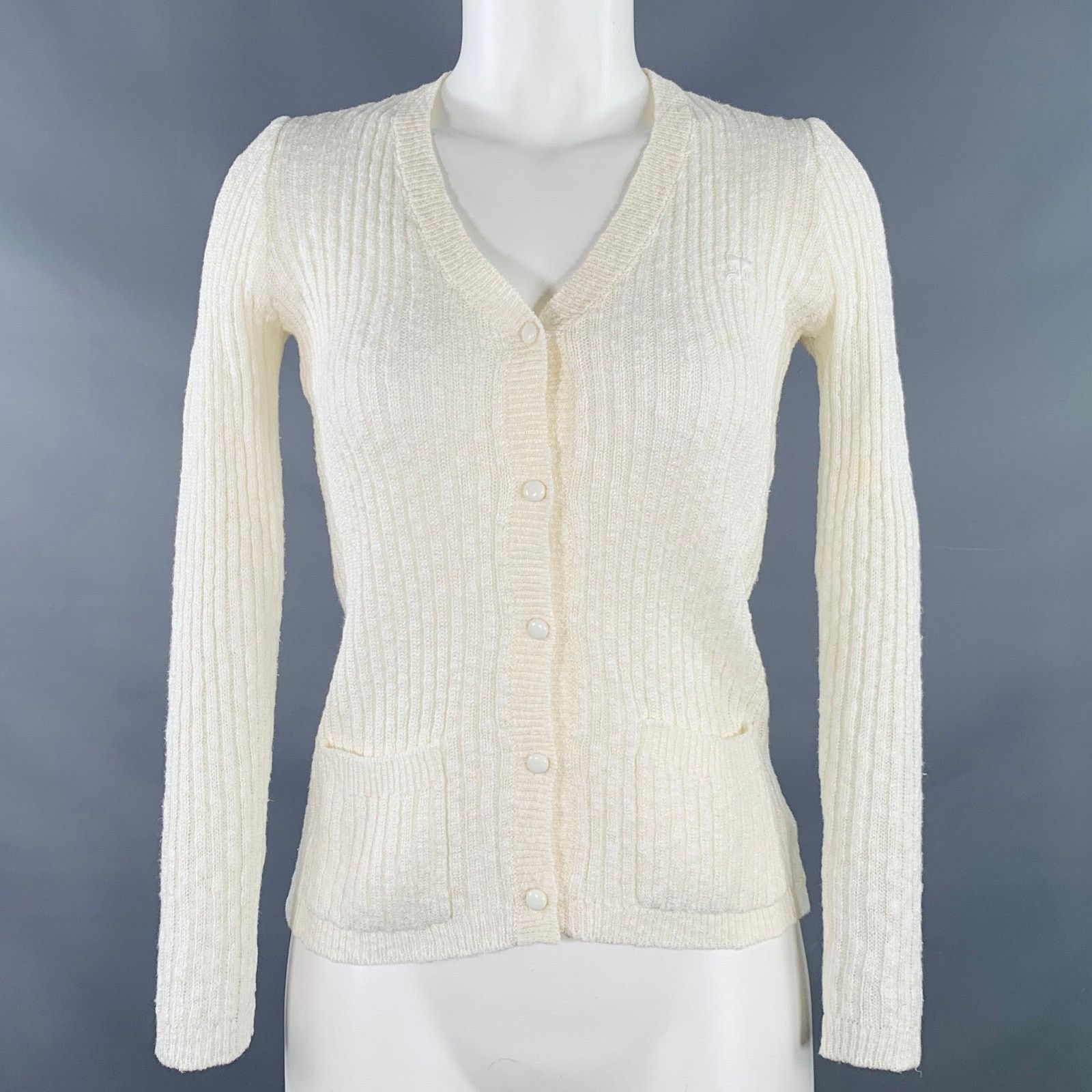 Courreges COURREGES 0 Cream Acrylic Cotton Rib Knit V-Neck Cardigan Size XS / US 0-2 / IT 36-38 - 1 Thumbnail