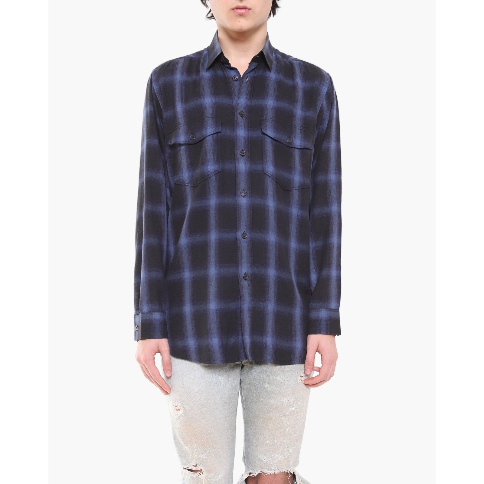 FW13 Oversized Flannel in Blue & Black Checked Wool