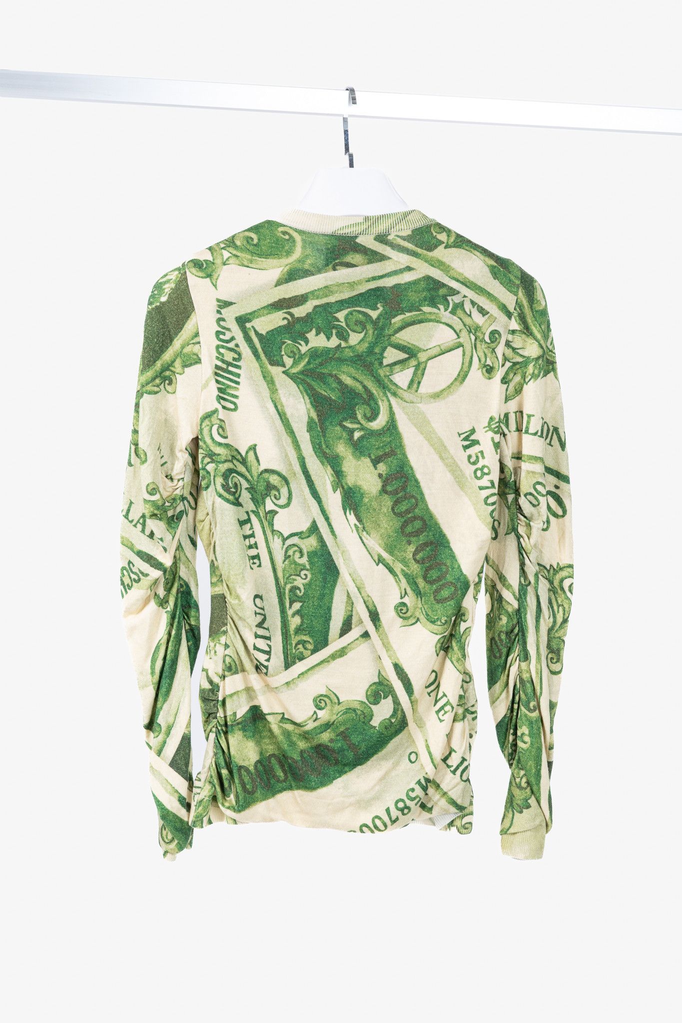 Moschino Moschino AW/19 Green Wool Money-Print Ruched Cardigan Size M / US 6-8 / IT 42-44 - 2 Thumbnail