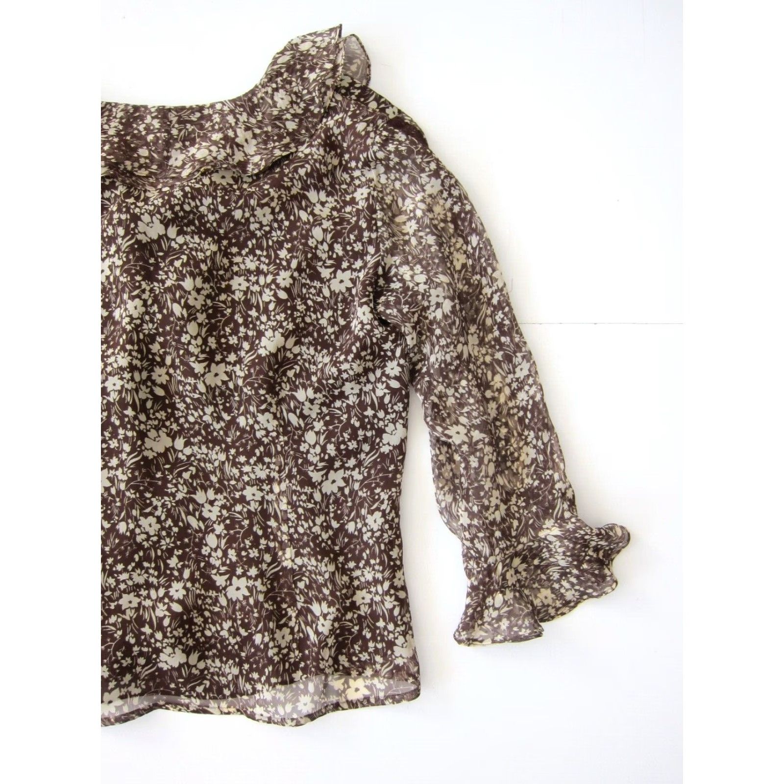 Vintage Richard Malcolm 100% Silk Ivory Brown Floral Ruffle Button Down Blouse Small Size S / US 4 / IT 40 - 6 Thumbnail