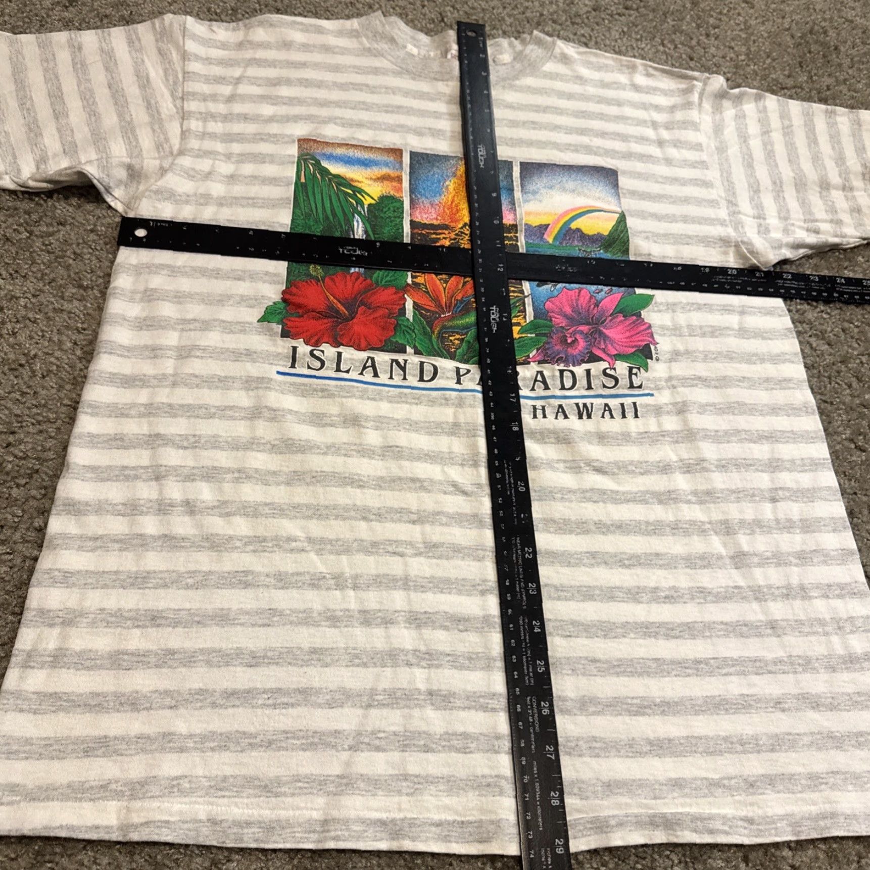 Delta VINTAGE 90s Island Paradise Hawaii Nature Volcano White Grey Stripe T-Shirt XL Mens Delta Size US XL / EU 56 / 4 - 5 Thumbnail
