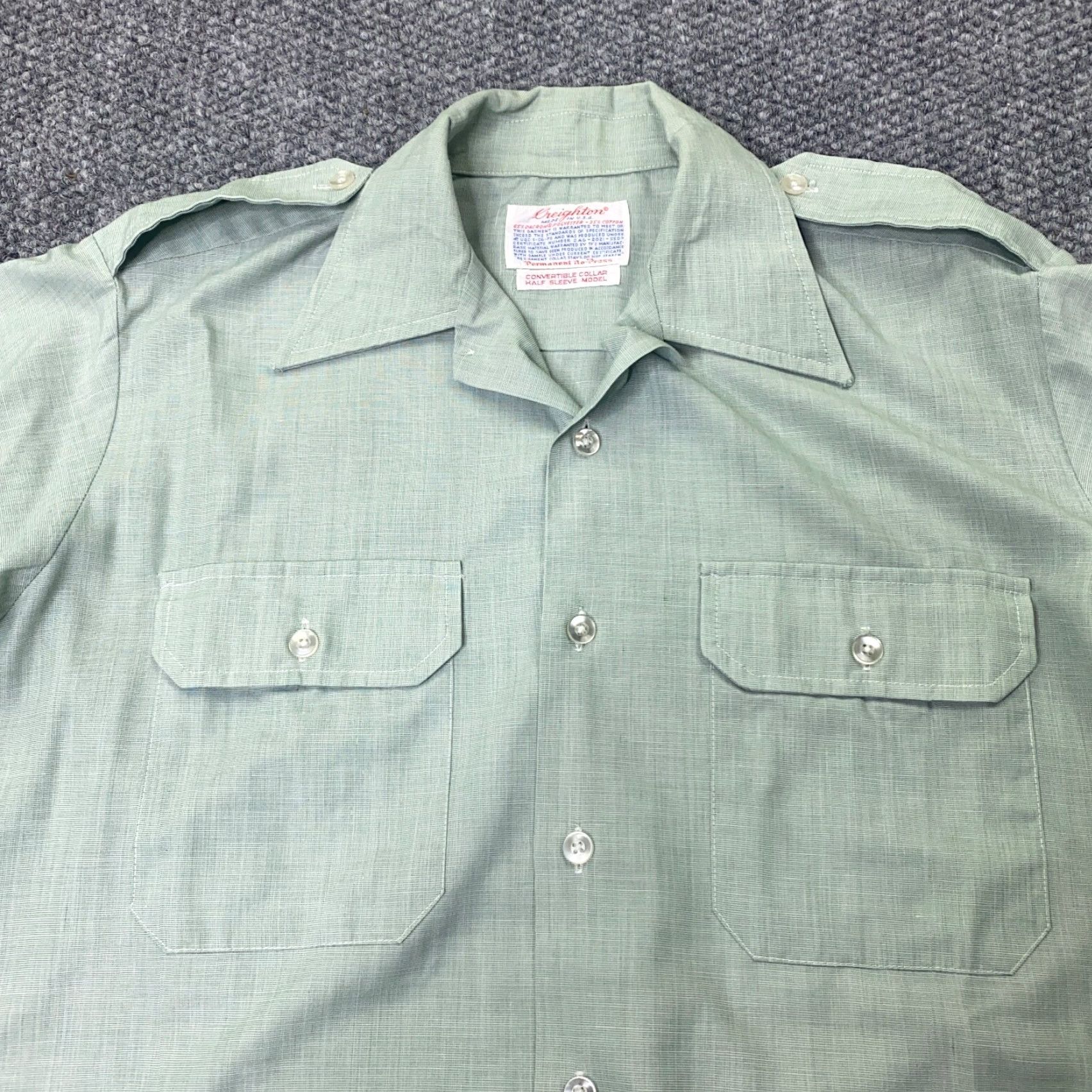 Vintage VTG Creighton Shirt Mens Button-Up Short Sleeve Collared Spread 60s 70s Green Cotton Polyester Regular Size US M / EU 48-50 / 2 - 2 Thumbnail