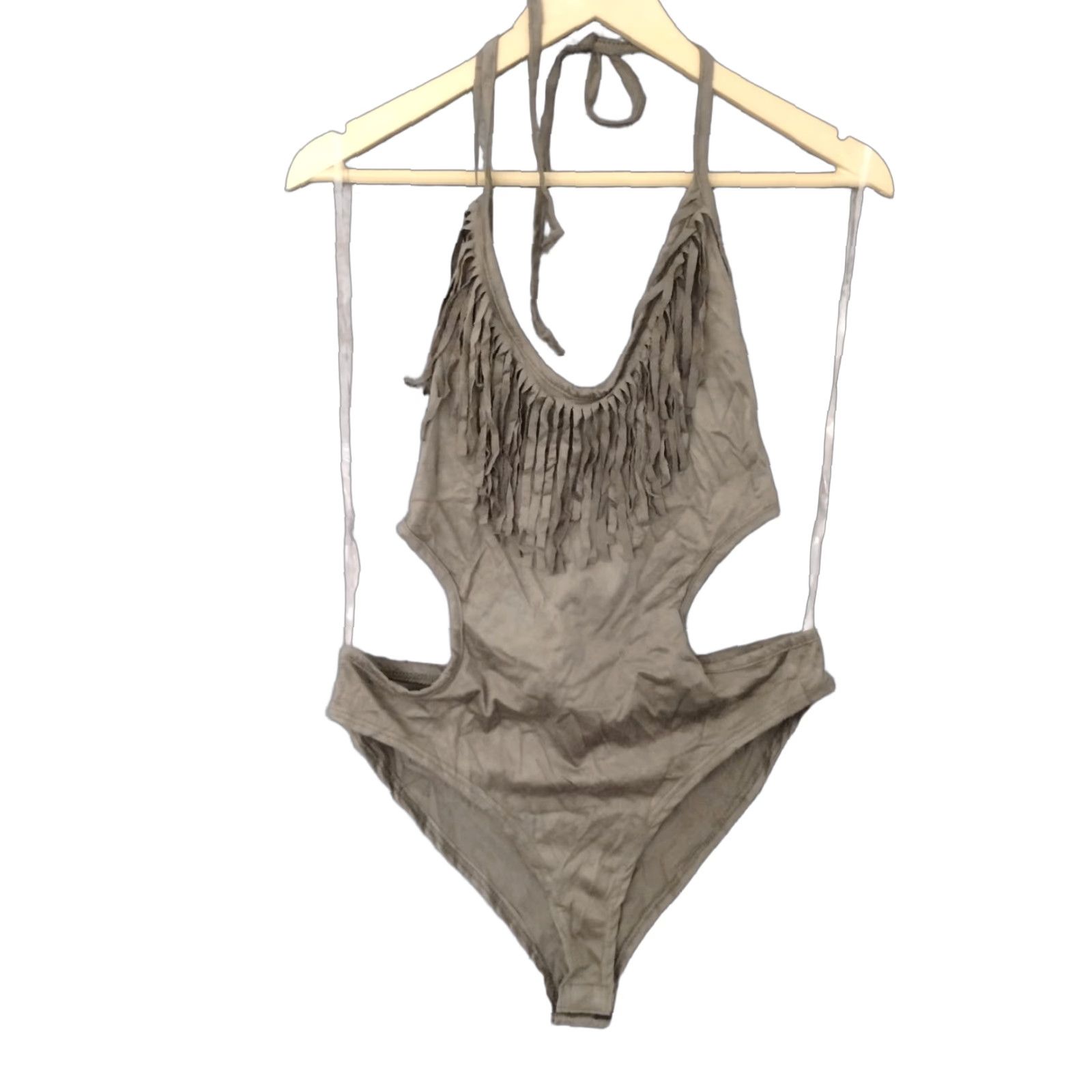 Olive Codigo Fringe Bodysuit Women's Olive Gray Color Size L - Adult Ladies - One Piece - Fringe Accents - Polyester Spandex - Black? Wait. Size L / US 10 / IT 46 - 1 Thumbnail