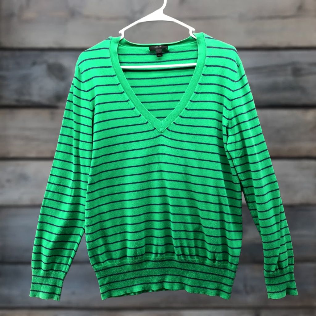 J.Crew VINTAGE not V-neck? J.Crew Sweater Womens L Cotton Green Navy Blue Striped Knit Lightweight Pullover Long Sleeve Tie-Dyed? Size L / US 10 / IT 46 - 1 Thumbnail