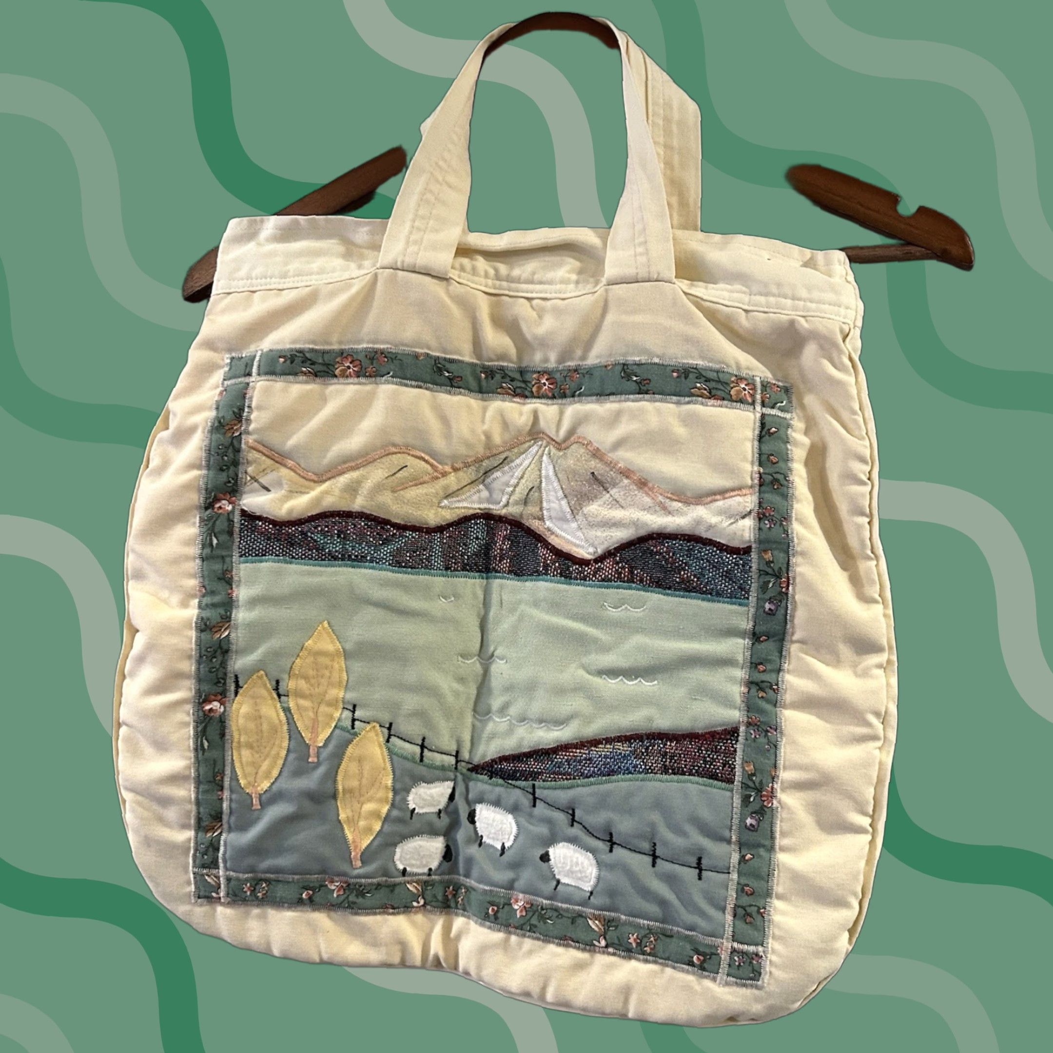 VINTAGE Handmade Quilted Landscape Tote Bag Womens Patchwork Shoulder Bag