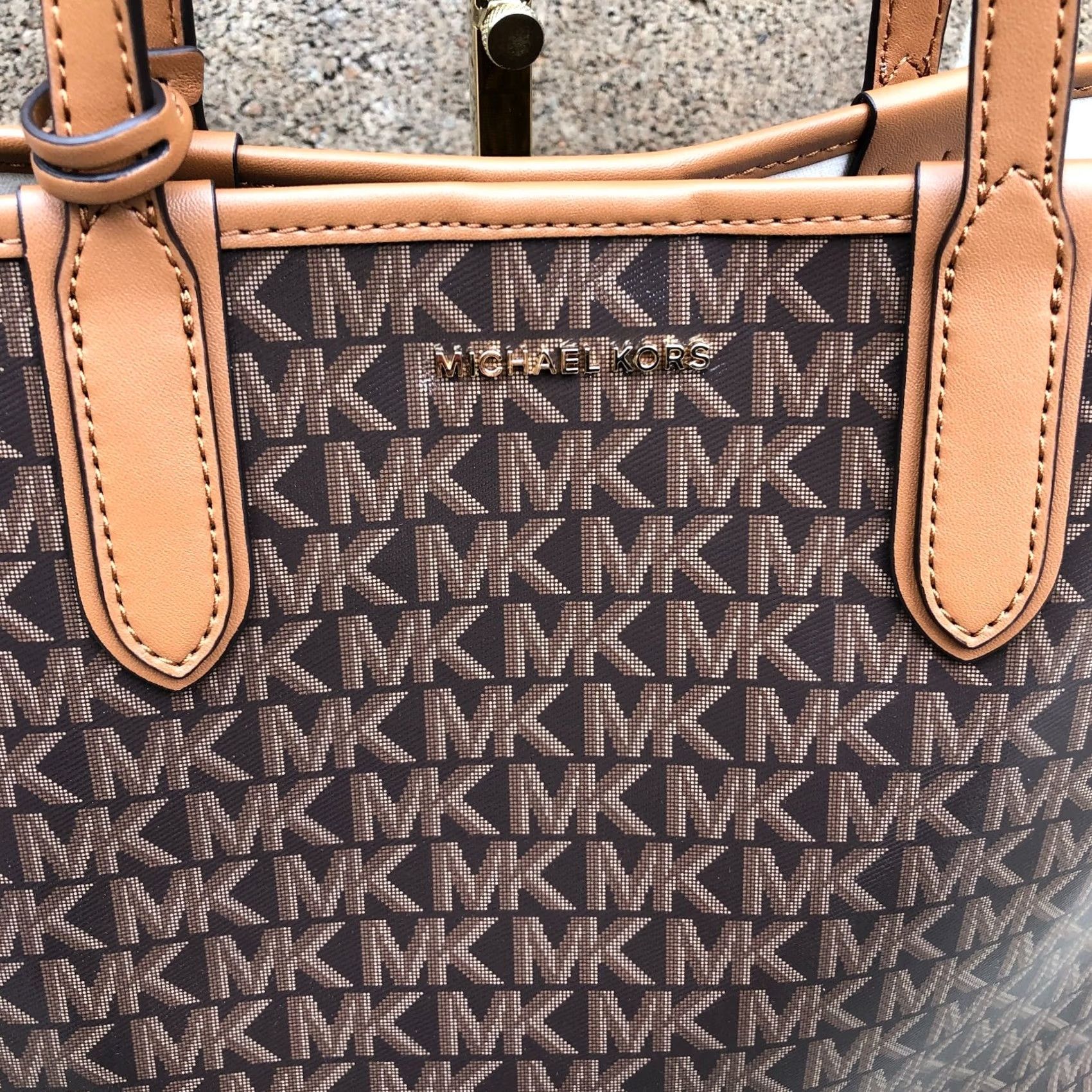 Michael Kors MICHAEL KORS Eliza Monogram Tote Bag Purse Brown East West Designer Shoulder Bag Women Large 13" W x 12" H x 5" D Canvas Leather Handle 13" (13 W) Size ONE SIZE - 3 Thumbnail