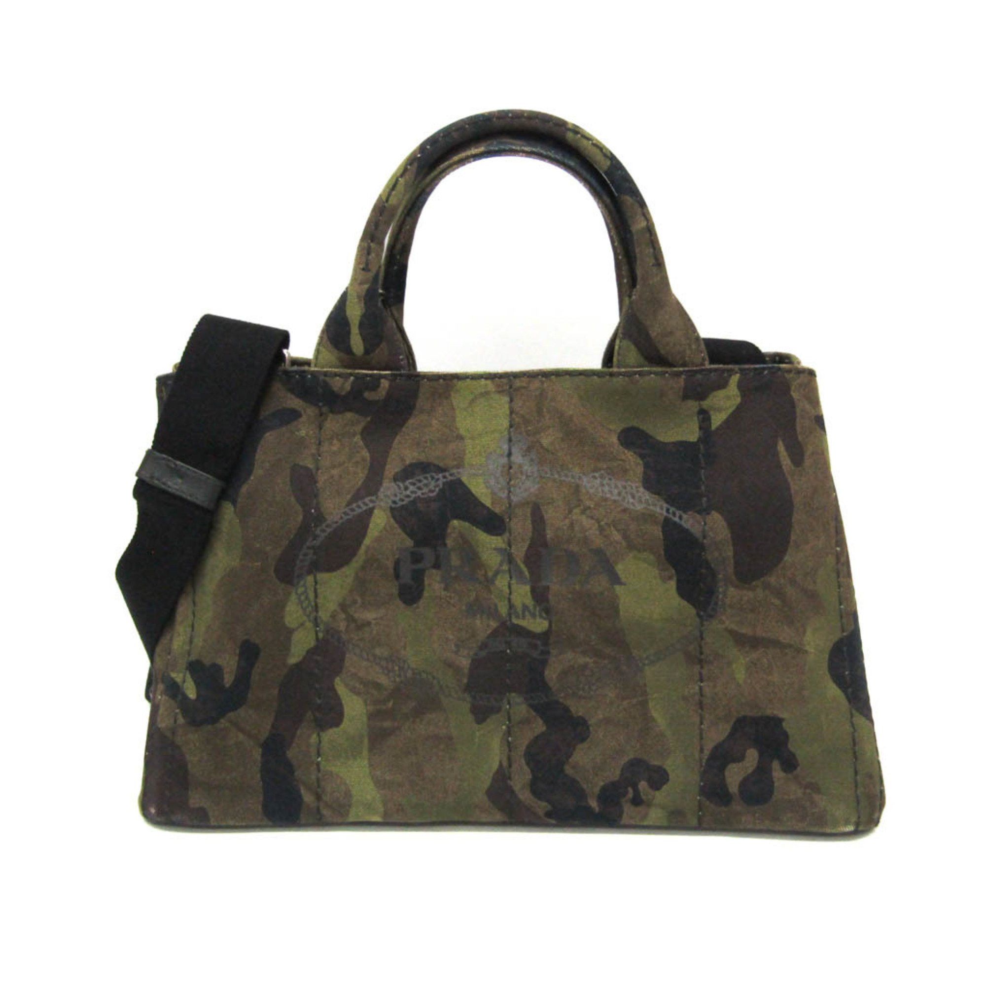 Prada Canapa Camouflage B2642B Women's Canvas HandbagShoulder Bag BrownKhaki