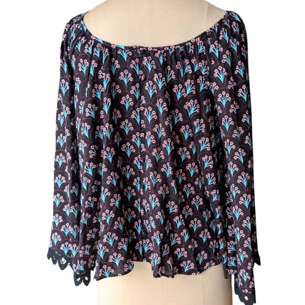 Pinko Floral Fan Print Blouse Top Black Pink Crochet Lace Trim Boho Sz XL Size XL / US 12-14 / IT 48-50 - 4 Thumbnail