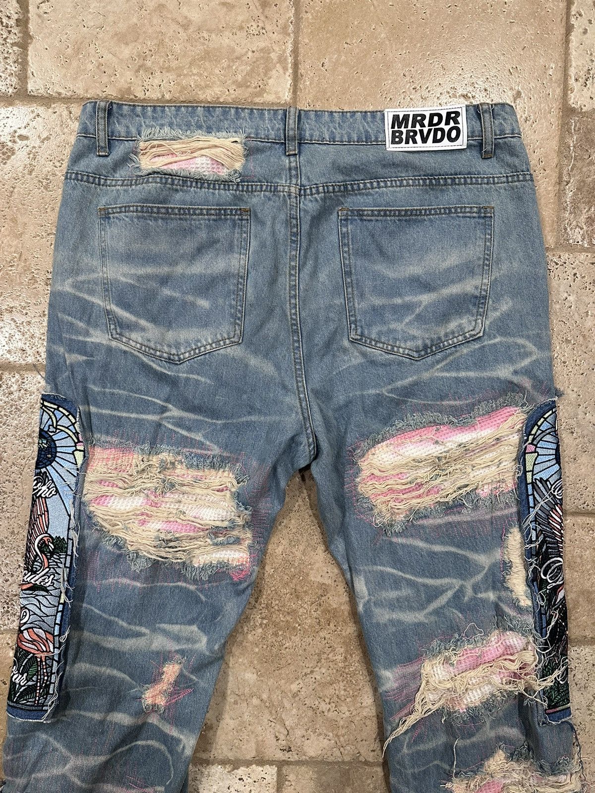 Who Decides War WDW Pink Flamingo Patch Fusion Denim Jeans