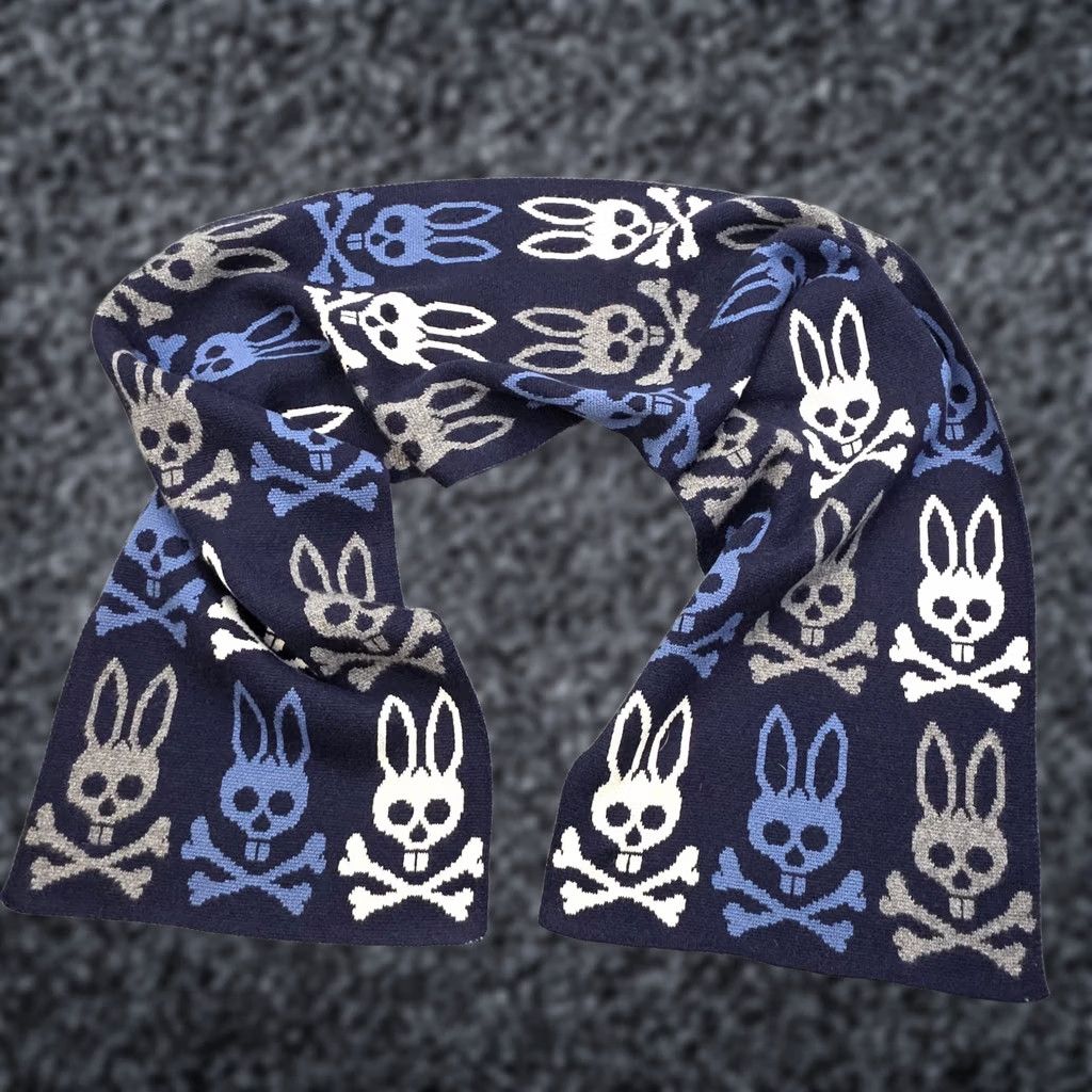 Psycho Bunny VINTAGE Psycho Bunny Scarf Men One Size Blue AOP 65" x 12" 100% Cashmere Wool Wool Blend Cashmere Scarf Neck Warmer Bunny Skull Crossbones Fun Theme Size ONE SIZE - 1 Thumbnail