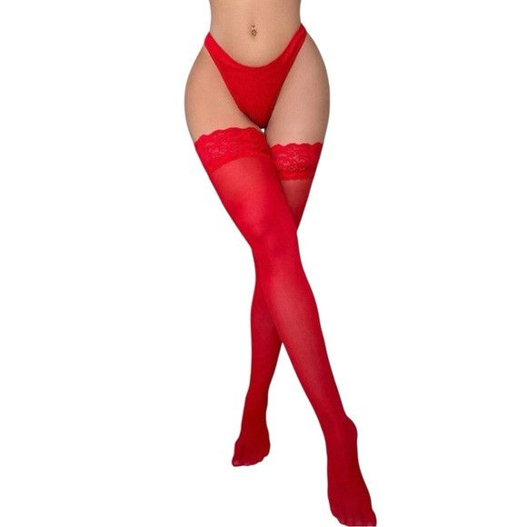 Other Women Red Lace Thigh High Stocking Size ONE SIZE - 1 Thumbnail