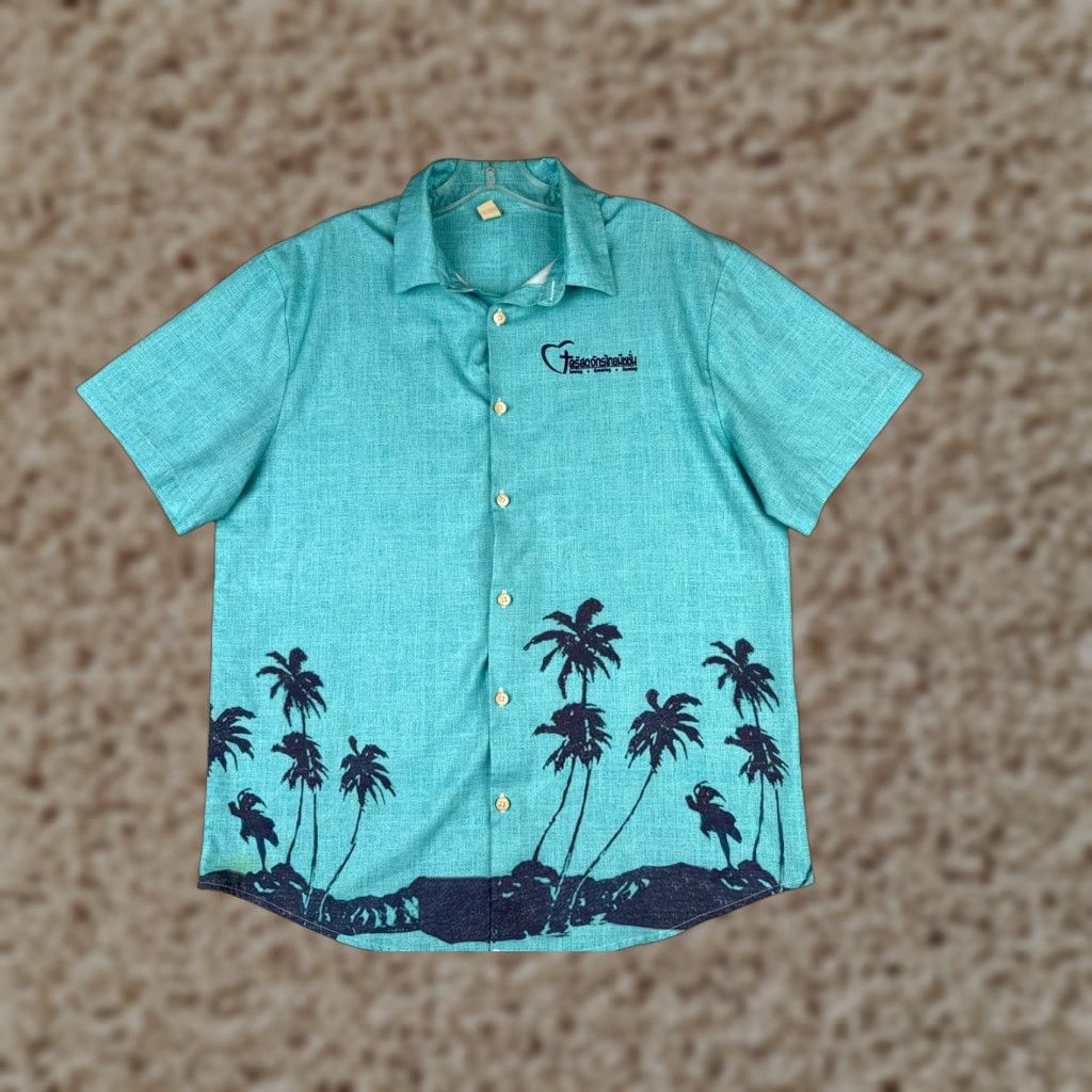 Vintage Thai Mission Church Shirt Adult Medium Blue Hawaiian Palm Tree 100% Polyester Size US M / EU 48-50 / 2 - 1 Thumbnail