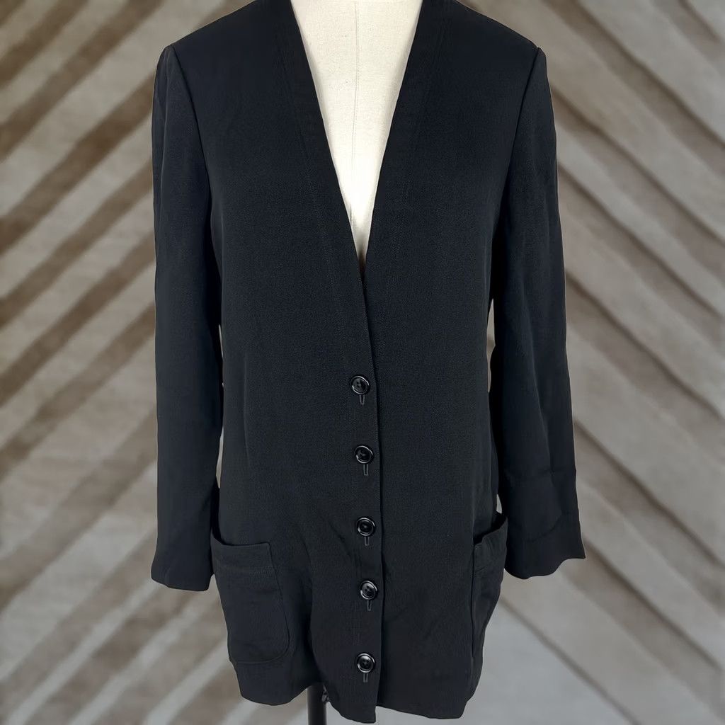 Anne Klein VINTAGE Anne Klein Jacket Womens S Black Rayon Crepe Short Sleeve Button Front 80s Preppy Retro Bohemian - Mens? Size S / US 4 / IT 40 - 1 Thumbnail