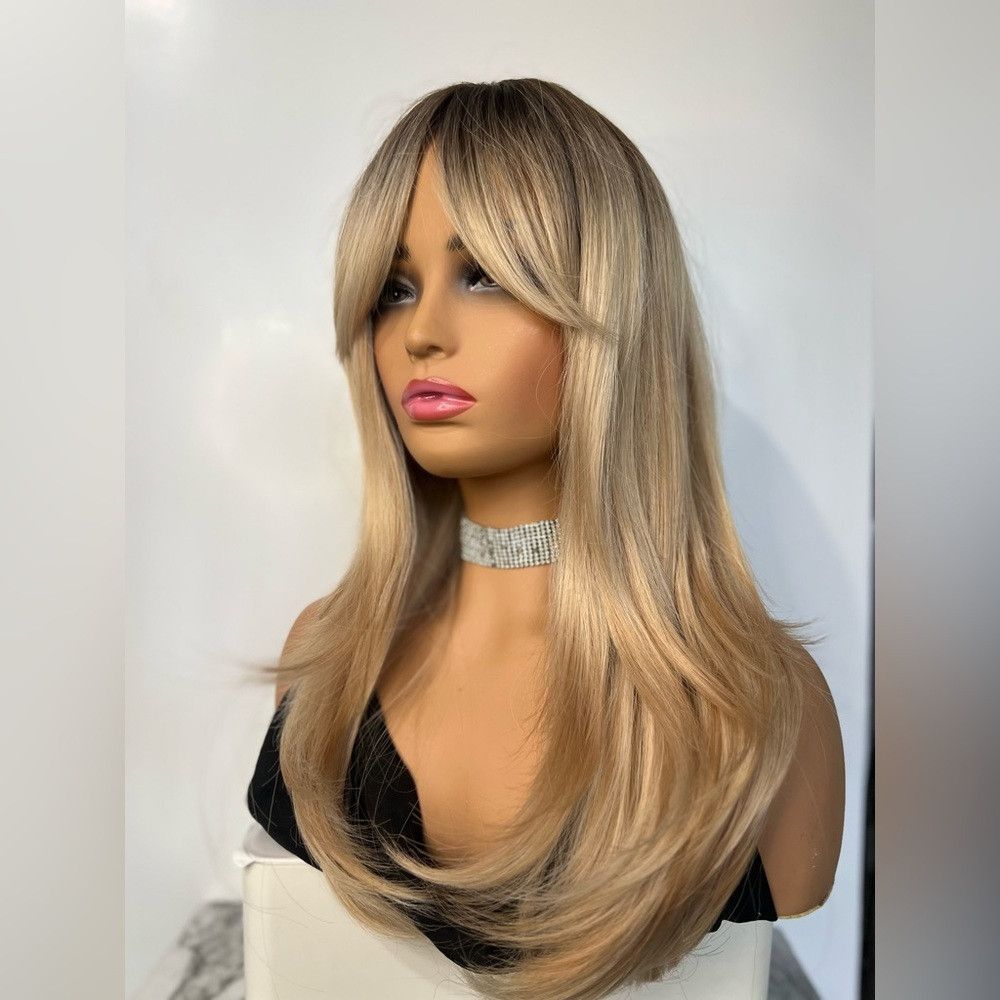 Other 24 Inch Straight Blonde Layered hair Wig With Curtain Bangs Size ONE SIZE - 6 Thumbnail