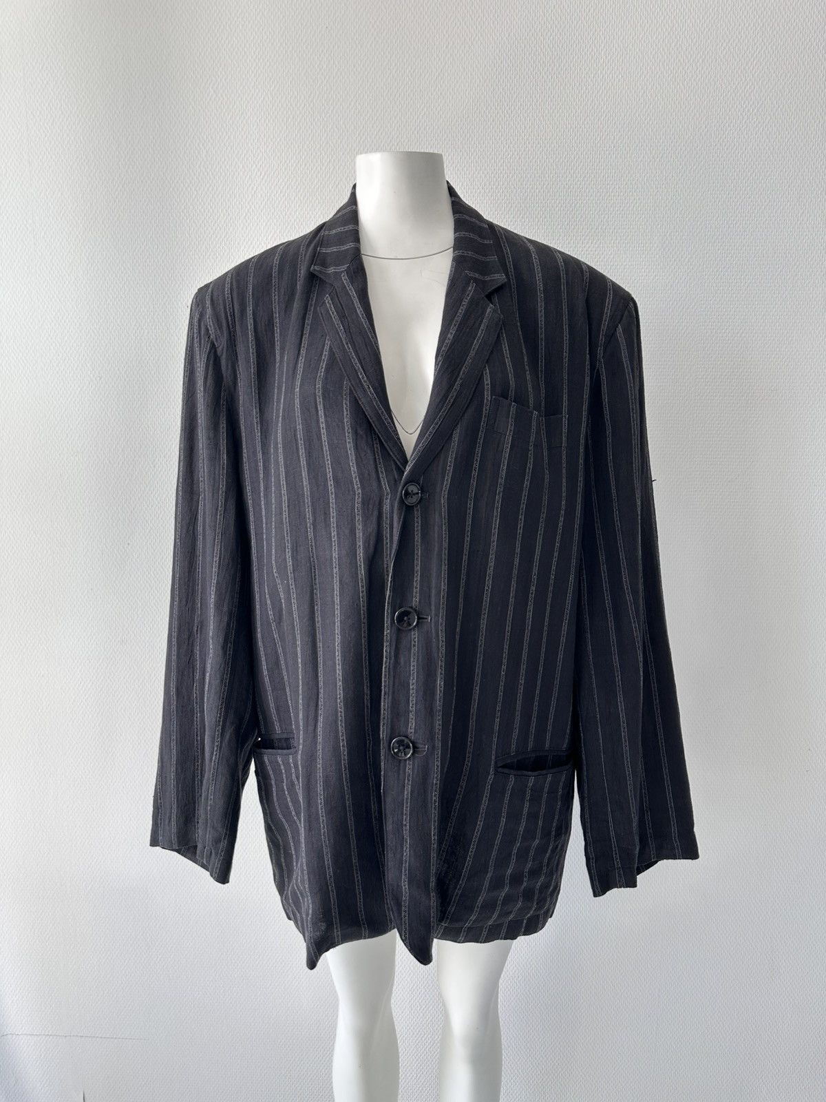 Yohji Yamamoto Yohji Yamamoto Homme Grey Pinstripe Linen Oversized Blazer Size 54R - 7 Thumbnail