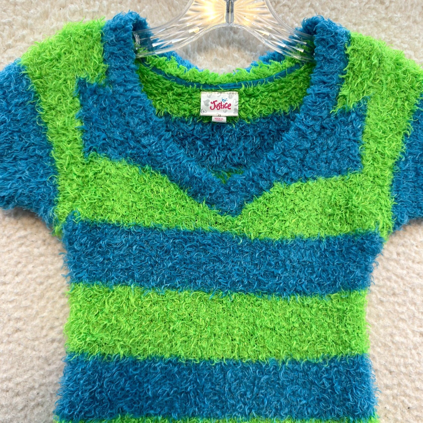 Vintage VINTAGE Justice Fuzzy Furry Top Shirt XS Blue Green Striped Rug Grunge Girls Womens 12 Cyber Y2K Size XS / US 0-2 / IT 36-38 - 3 Thumbnail