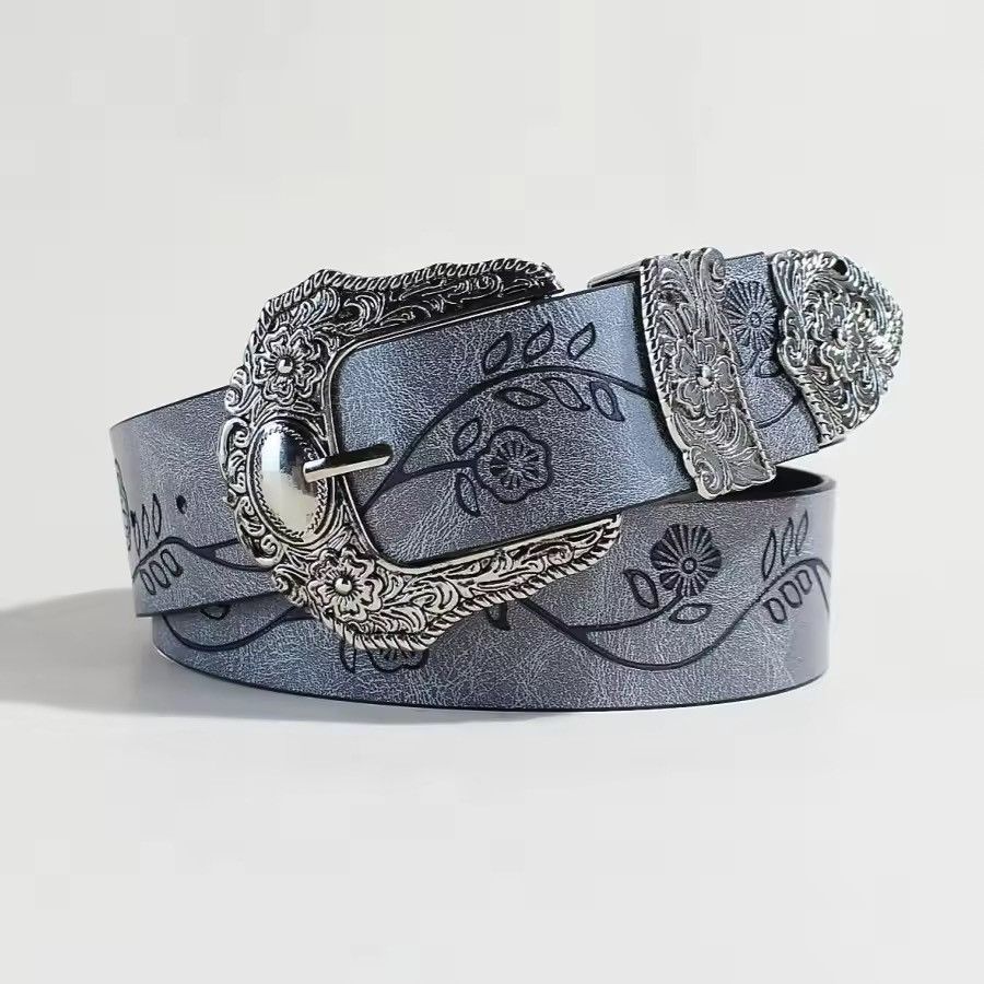 Japanese Brand Floral Embossed Western Belt - PU Leather Size ONE SIZE - 1 Thumbnail