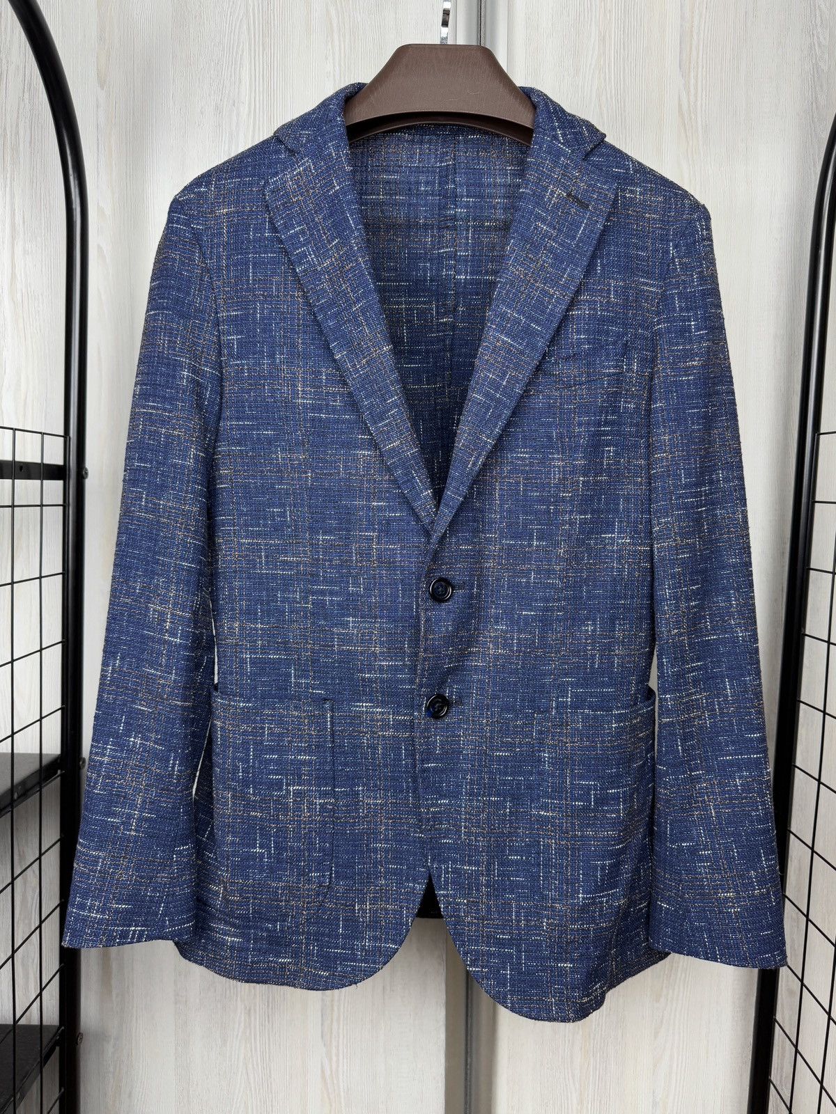 Paoloni Paoloni Blue check cotton blend houndstooth unlined blazer Size 36R - 1 Thumbnail