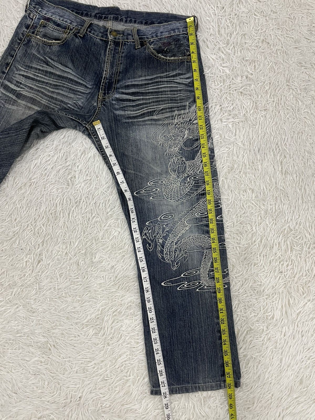 Japanese Brand Dragon Embroidered & Flowers Printed Flare Jeans Pant Size US 36 / EU 52 - 12 Thumbnail